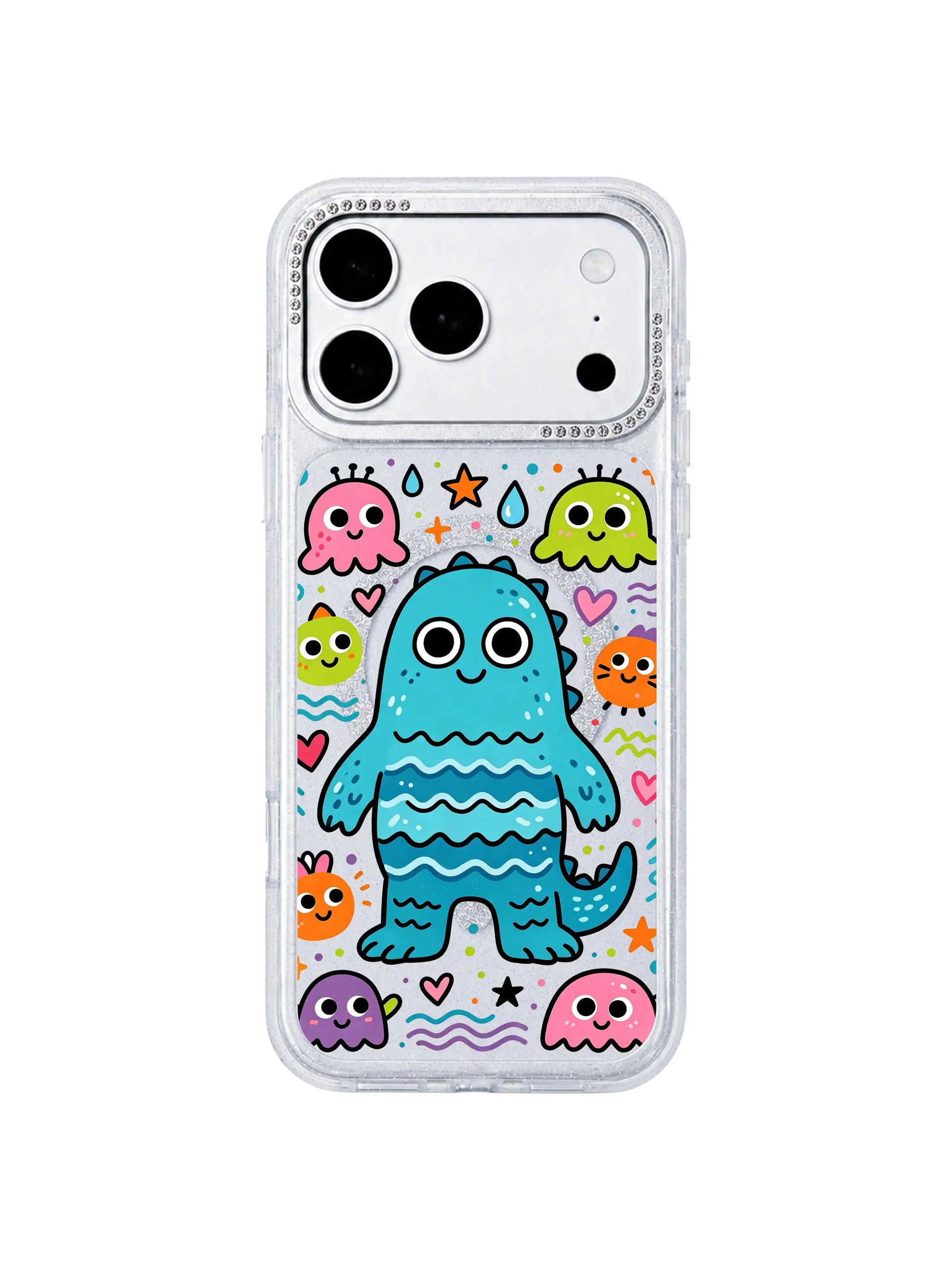 PhoneCasing cozy indoor handheld lifestyle photo of Wavy Blue Sea Creature iPhone 17 Pro Max case, human hand holding glitter translucent iPhone 17 Pro Max casing with soft ocean monster graphics optimized for daily wear search ranking