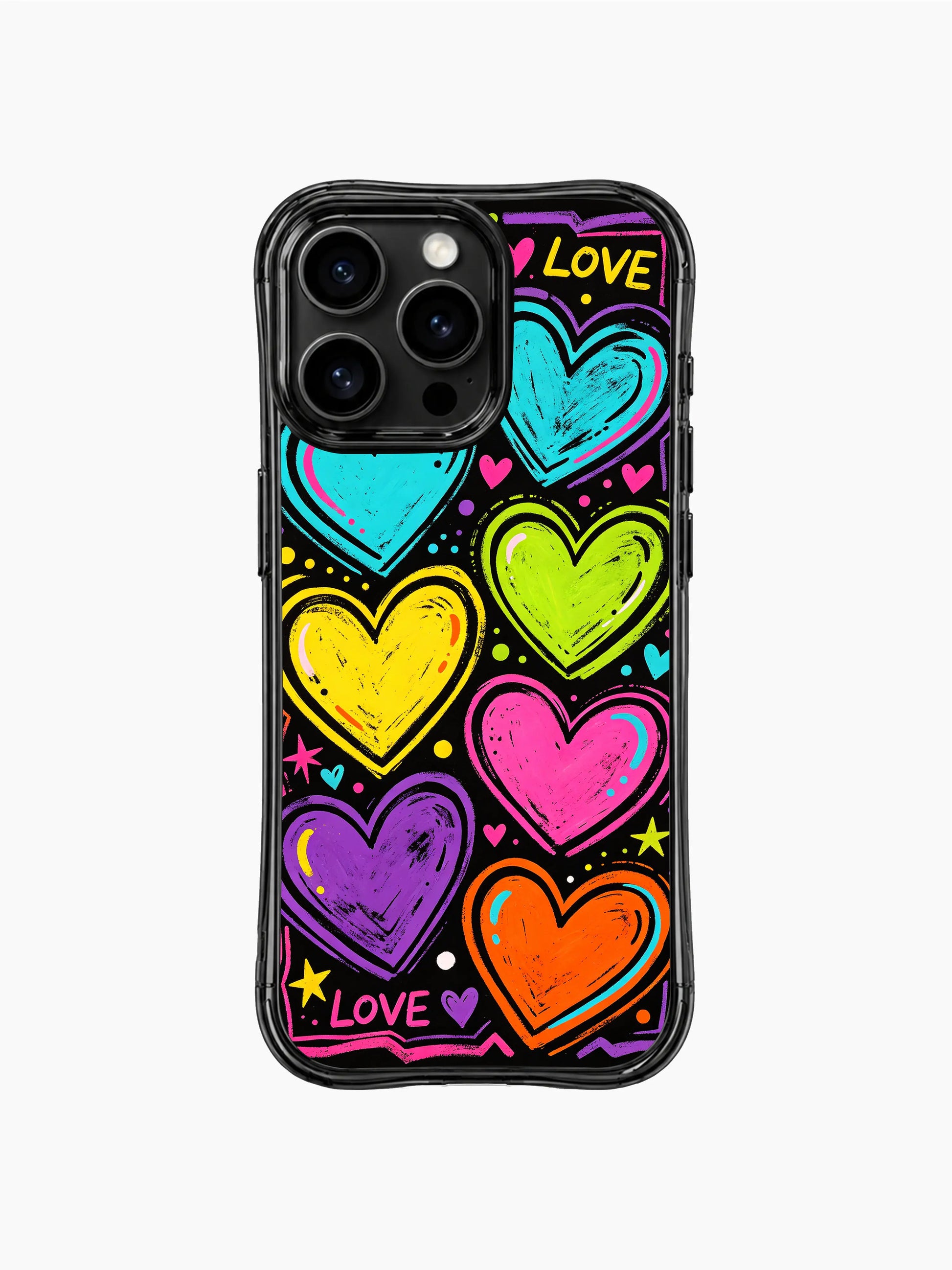 PhoneCasing Loud Love Energy iPhone 13 Pro Max case, high saturation neon crayon bouncing hearts paired with handwritten LOVE wording and tiny star splatter print, bold expressive glossy wavy bumper phone shell