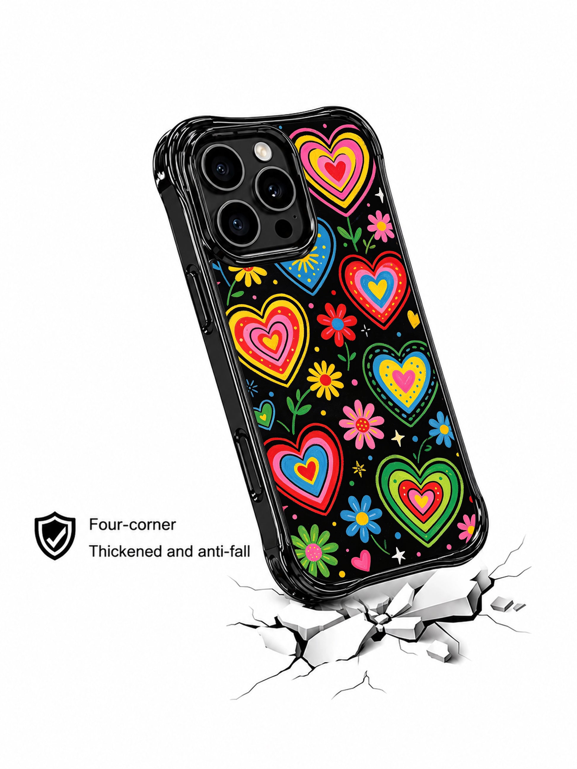 PhoneCasing Midnight Heart Bloom iPhone 13 Pro Max case, thick neon outlined nested hearts & blooming daisies, star dot confetti print, dreamy midnight glossy wavy bumper phone shell