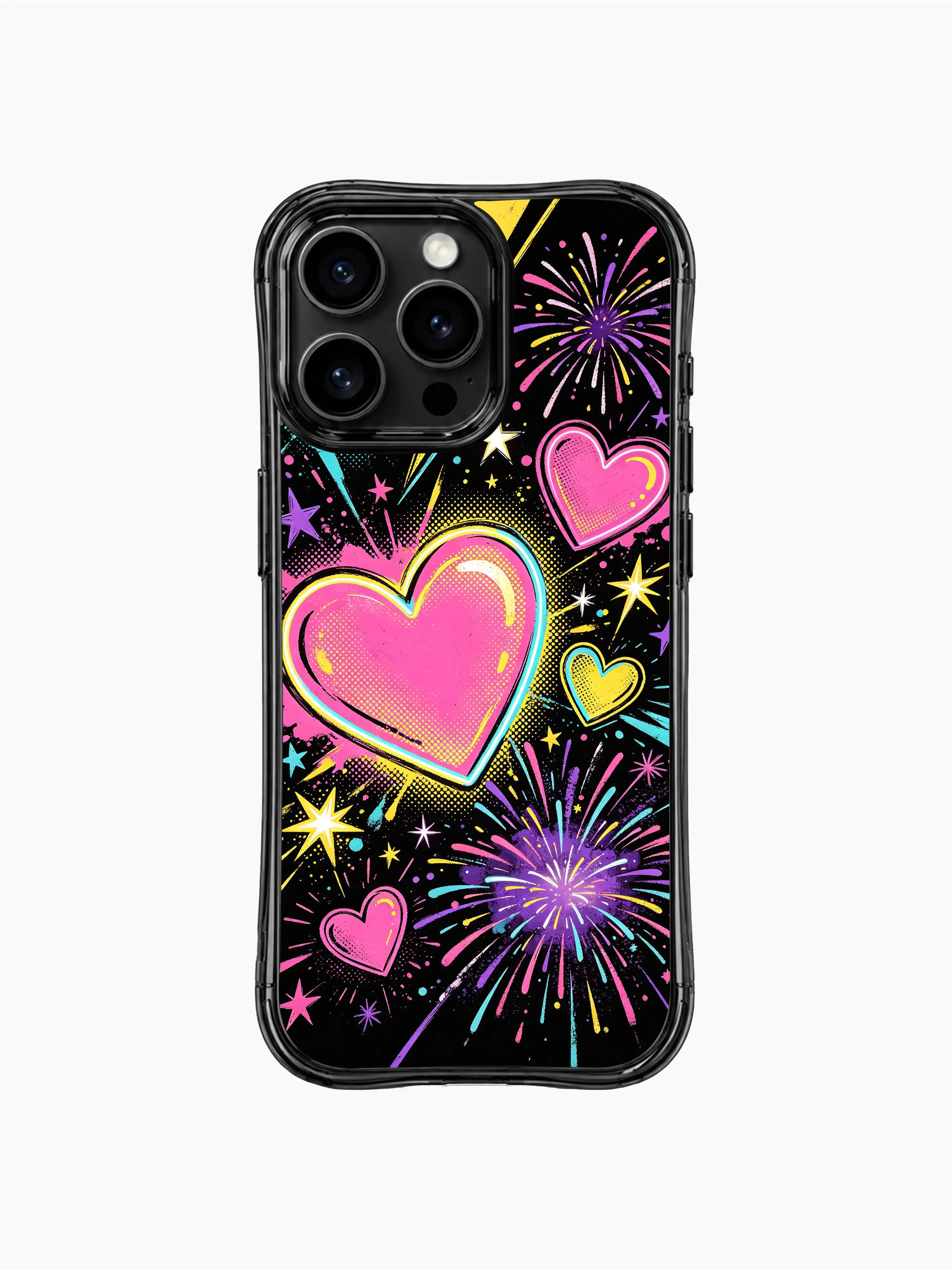 PhoneCasing Pop Heart Fireworks iPhone 13 Pro Max case, bright neon glowing hearts bursting with fireworks, lightning & star splatter print, energetic party glossy wavy bumper phone shell