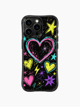 Shockproof wavy bumper PhoneCasing iPhone 13 Pro Max case, Sweet Rebel Hearts grunge sketch artwork, messy squiggle star and lightning details, scratch-resistant casing