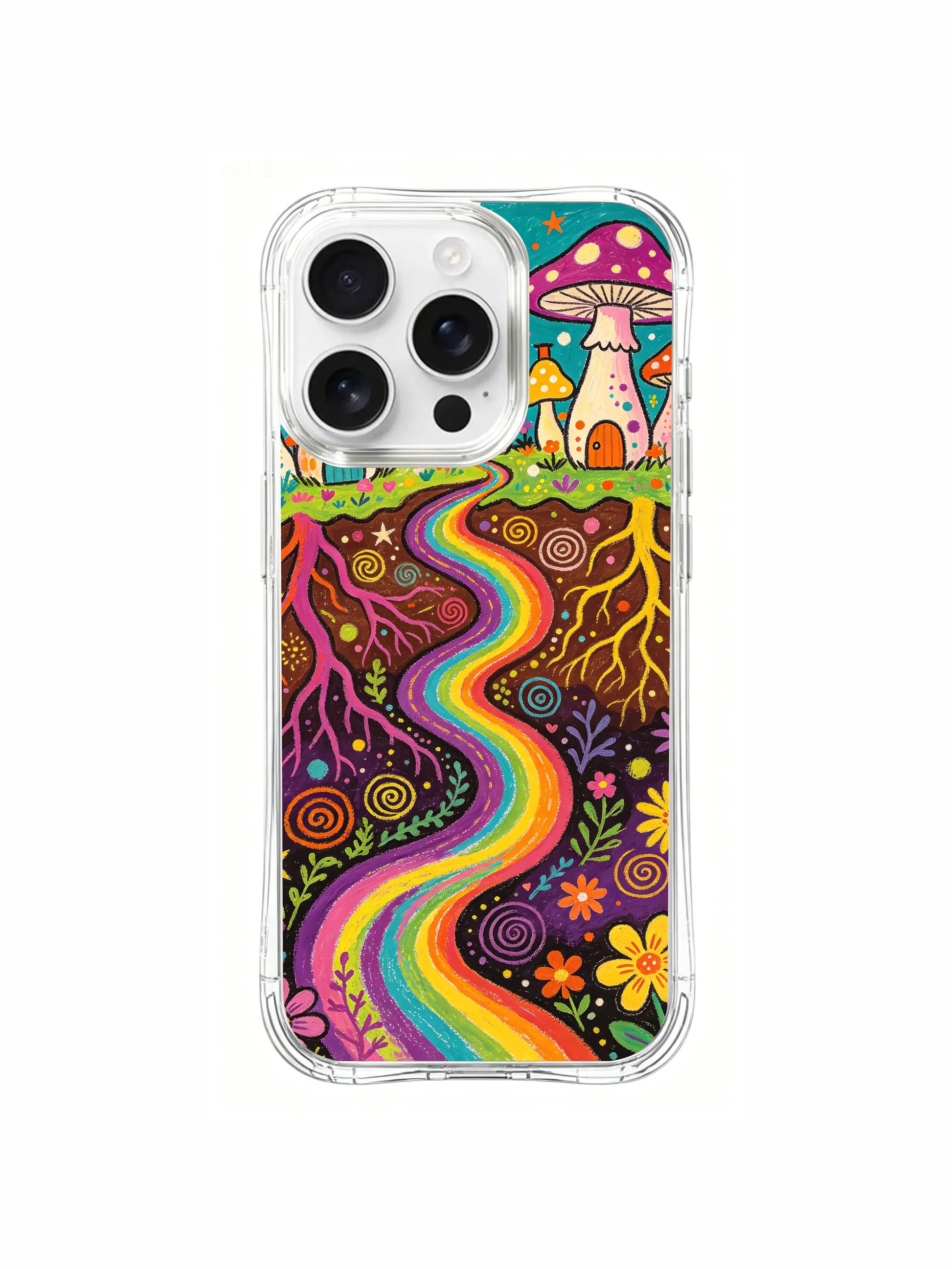 PhoneCasing iPhone 16 pro max Case, heavy-duty zero-bulk bespoke casing with wavy transparent wavy frame + retro crayon textured psychedelic mushroom underland print, California produced premium daily-use wearable art casing.