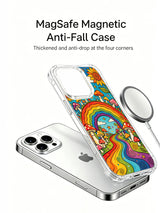 PhoneCasing iPhone 16 pro max Case, premium anti-drop transparent casing featuring undulating wavy rainbow pathway flanked by spotted fly agaric and golden sunflowers, curly spiral cloud decor fills top corner, boho cottagecore iPhone 16 pro max casing UV-printed in US factory.
