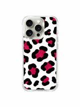 Wearable fearless vibrant minimalist wild watercolor art iPhone 14 Pro Case from PhoneCasing Roxy Wildhart Wild Heart Safari line, crisp pure white background harmonizes juicy berry pink leopard spot print
