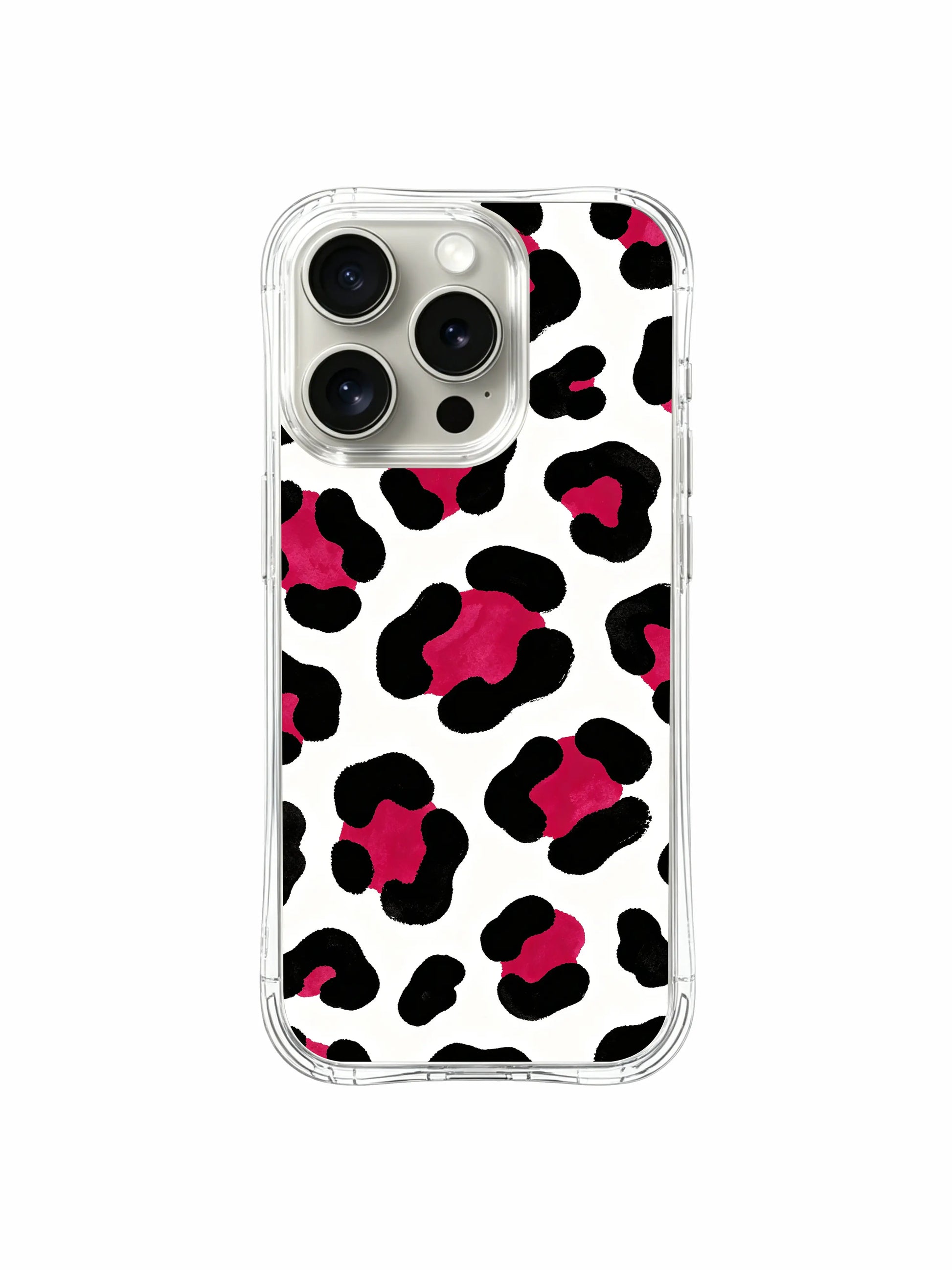Wearable fearless vibrant minimalist wild watercolor art iPhone 14 Pro Case from PhoneCasing Roxy Wildhart Wild Heart Safari line, crisp pure white background harmonizes juicy berry pink leopard spot print