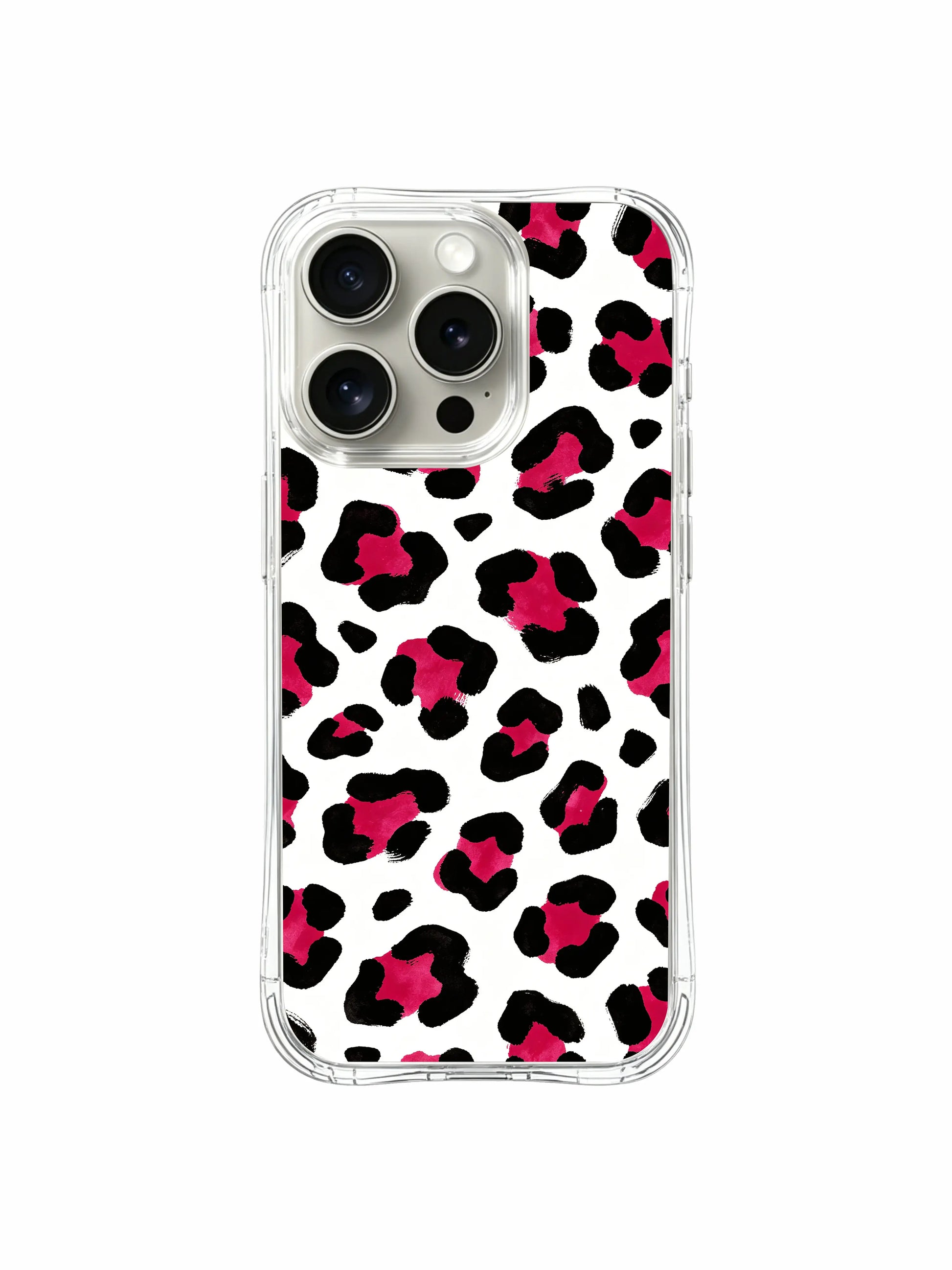 Wearable fearless vibrant minimalist wild watercolor art iPhone 14 Pro Case from PhoneCasing Roxy Wildhart Wild Heart Safari line, crisp pure white background harmonizes juicy berry pink leopard spot print