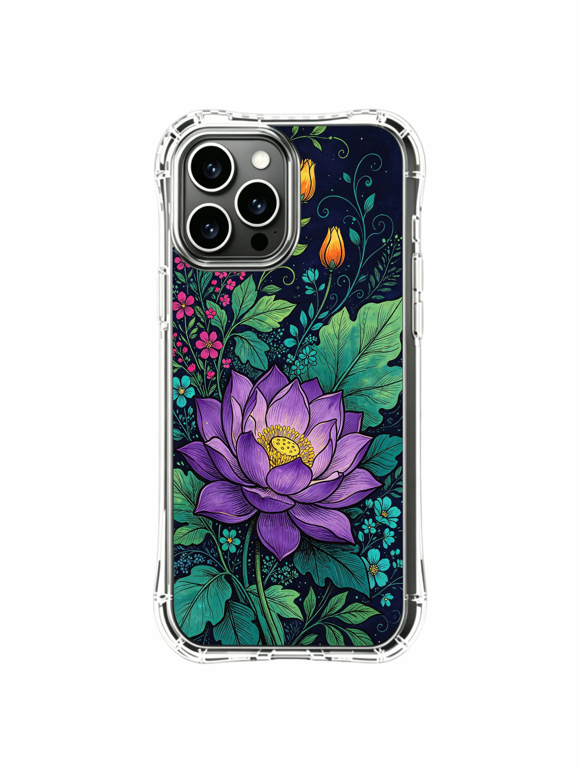 PhoneCasing iPhone 16 Pro Max Case as wearable fine art from the Midnight Purple Lotus Garden. Exclusive Elias Nocturne design, slim protective case with vivid colors.