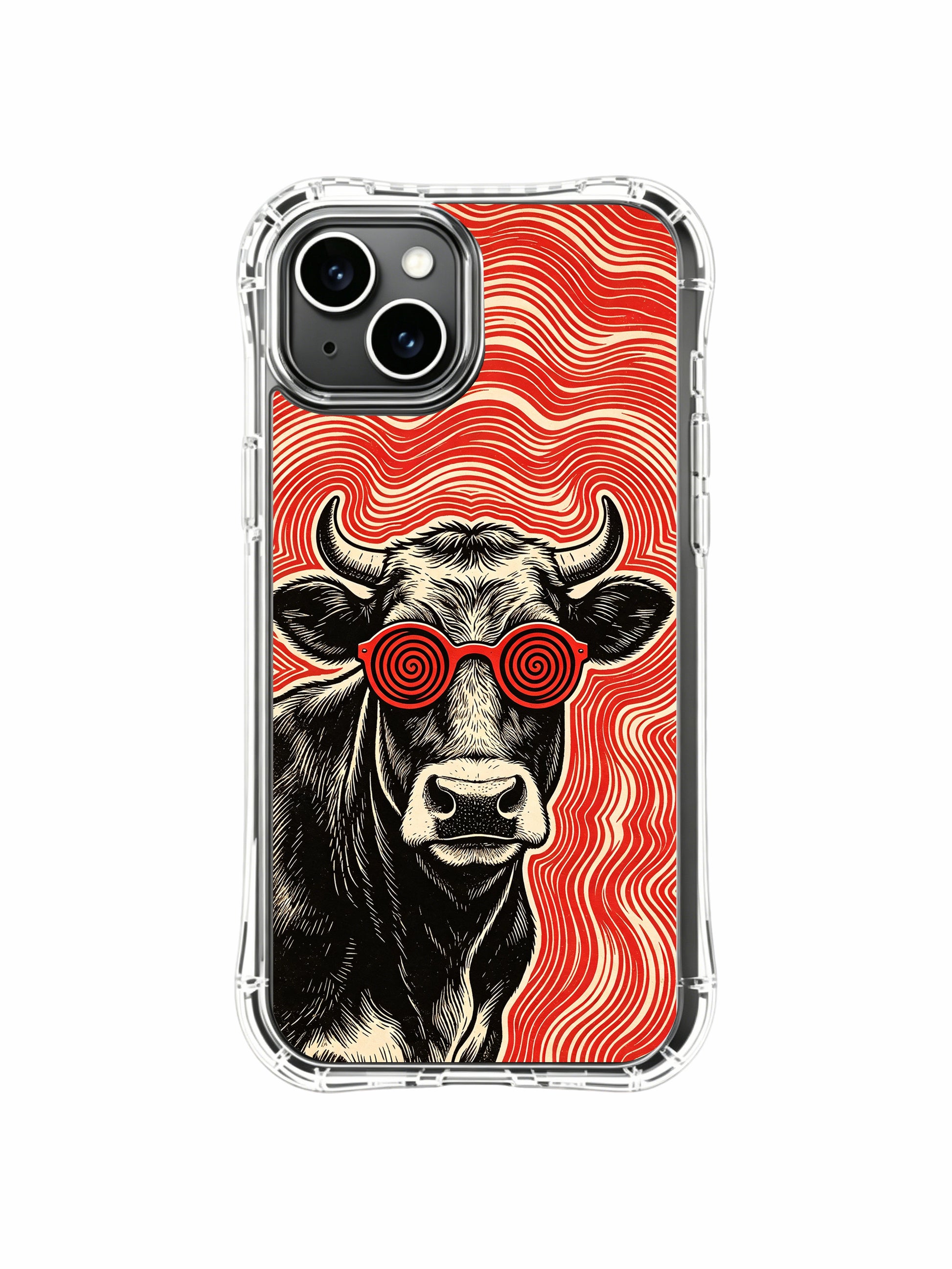 Museum-grade wearable gallery art of Hypnotic Red Lens Cow on PhoneCasing iPhone 13 Case, exclusive world-class illustrator design perfect to enrich women’s luxury accessory collection.