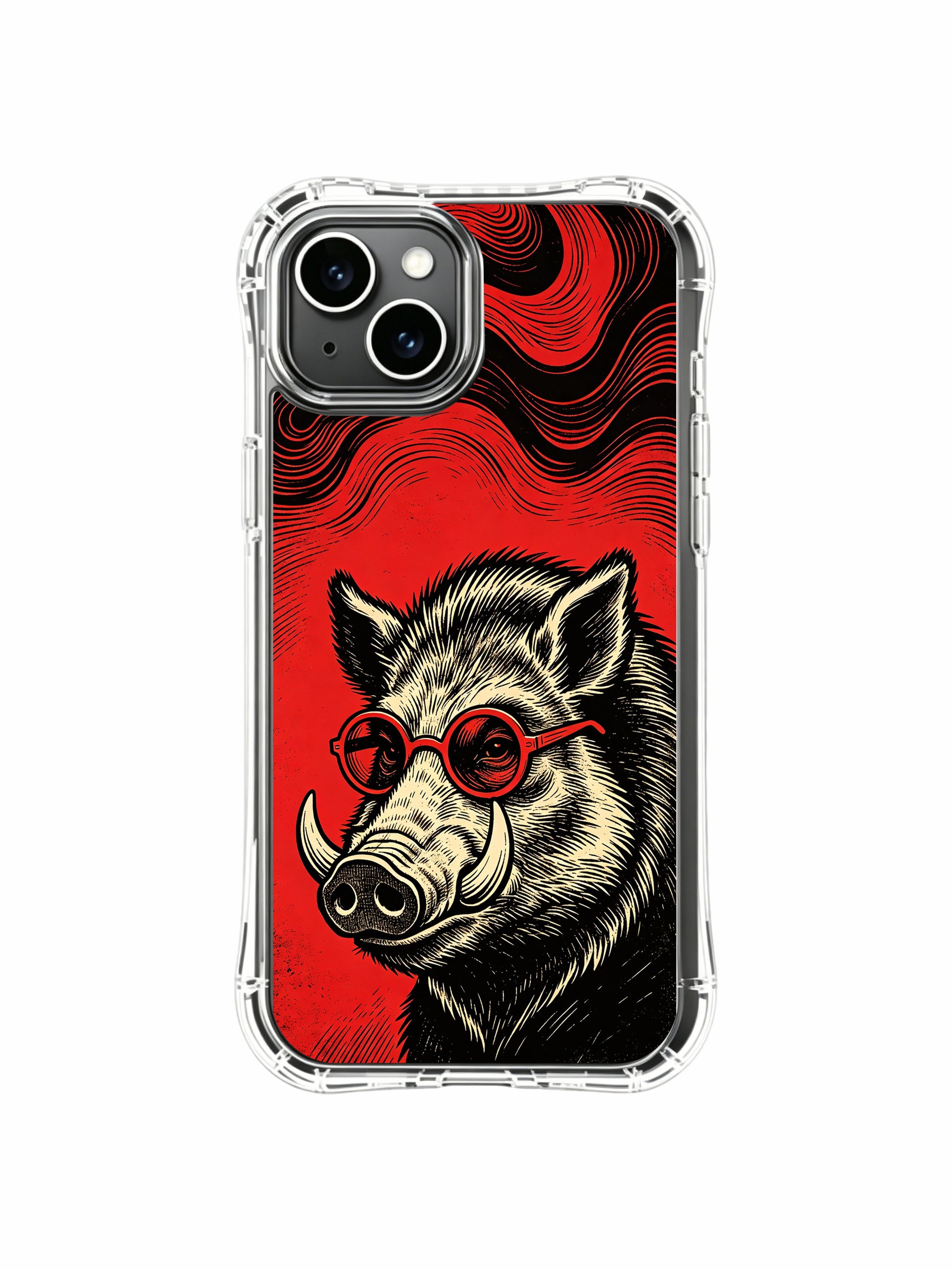 Museum-quality wearable gallery art of stylish tough red lens punk boar on PhoneCasing iPhone 13 Case, exclusive designer accessory to upgrade women’s luxury phone collection.