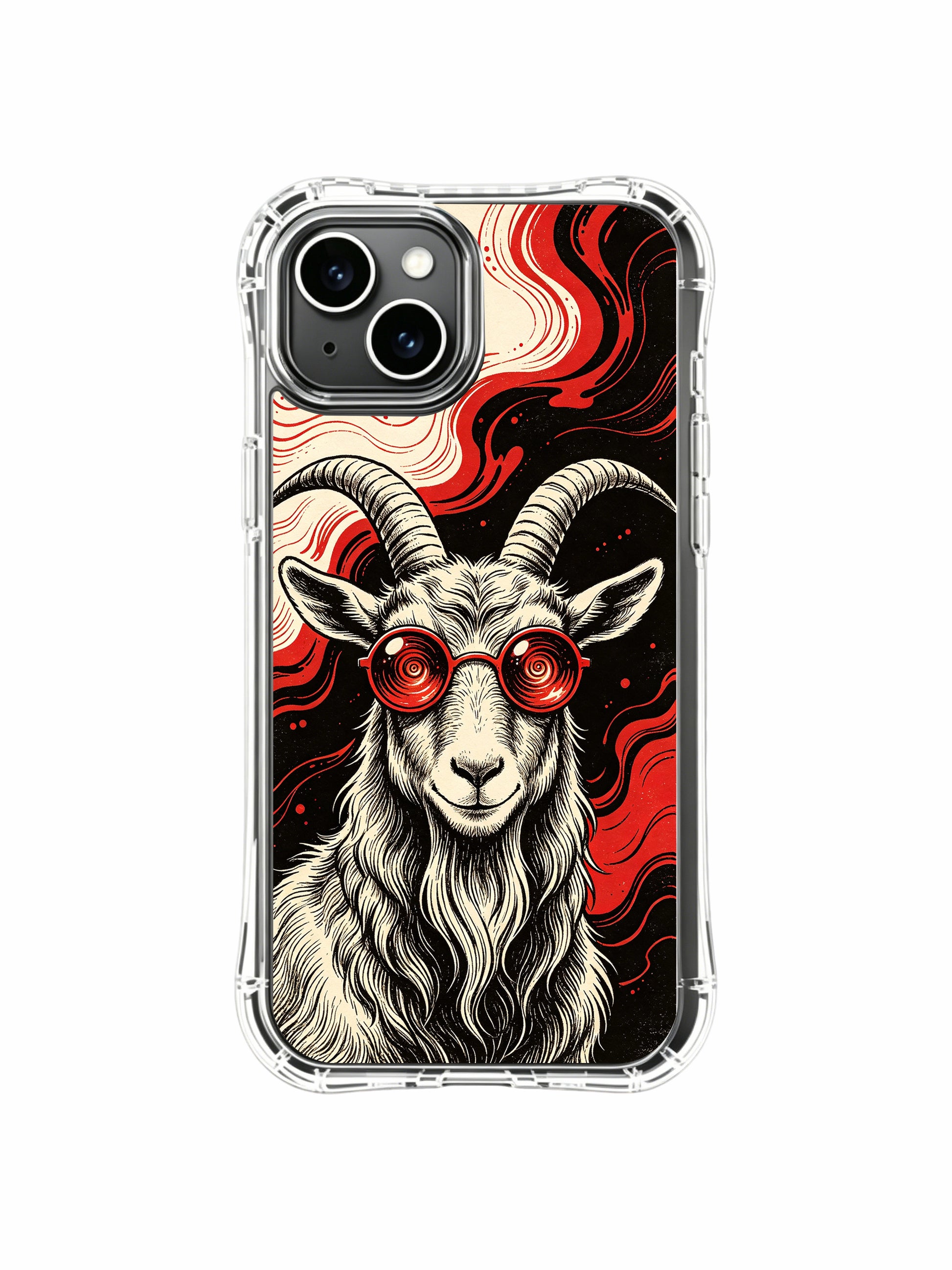 Museum-grade wearable gallery art of Red Frequency Goat on PhoneCasing iPhone 13 Case, exclusive world-class illustrator design perfect to enrich women’s luxury accessory collection.