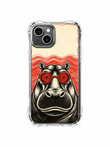Museum-grade wearable gallery art of retro red spiral glass calm hippo on PhoneCasing iPhone 13 Case, exclusive designer accessory to enrich women’s premium art phone collection.