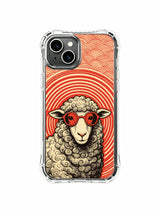 Gallery-style red-lens sheep artwork on an iPhone 13 case