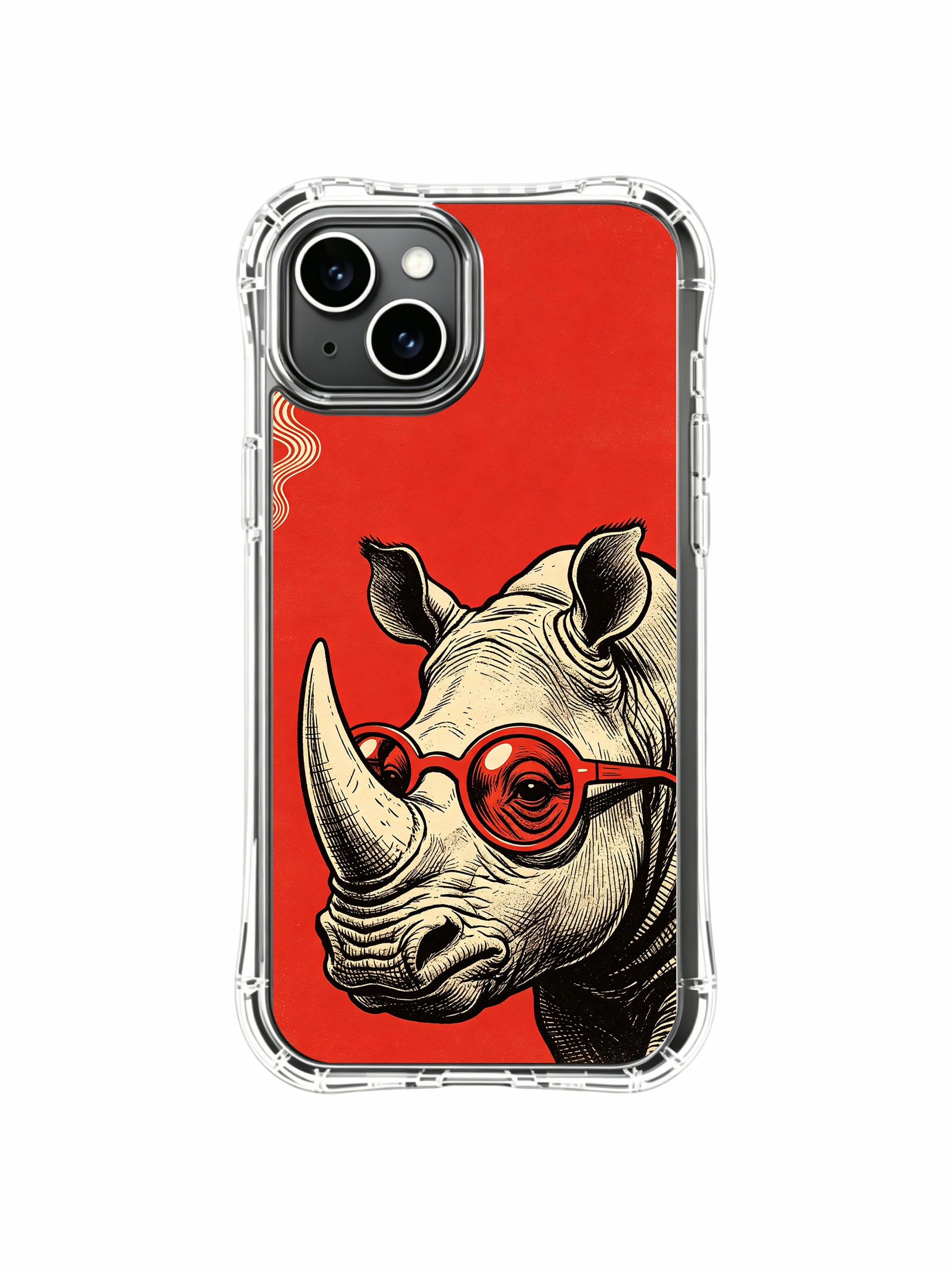Museum-grade wearable gallery art of retro red glass rhino on PhoneCasing iPhone 13 Case, exclusive designer accessory to enrich women’s premium art phone collection.
