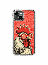Gallery-style red-lens rooster artwork on an iPhone 13 case
