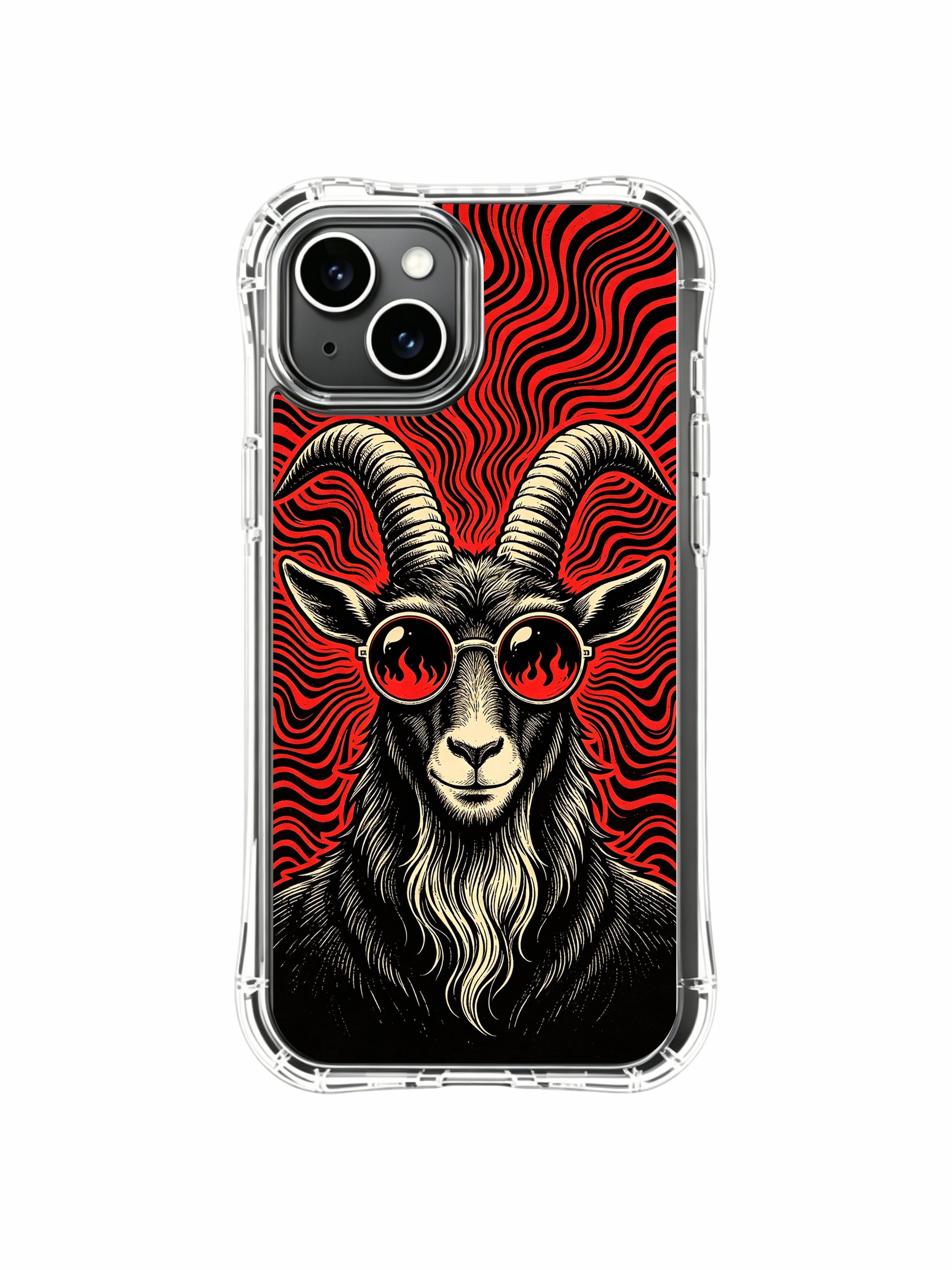 Museum-grade wearable gallery art of Red Wave Flame Lens Goat on PhoneCasing iPhone 13 Case, exclusive world-class illustrator design perfect to enrich women’s luxury accessory collection.