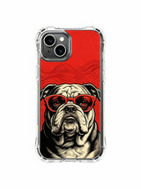 Gallery-style retro rock bulldog artwork on an iPhone 13 case
