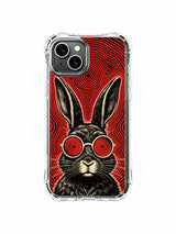 Museum-quality wearable gallery art of hypnotic red lens antenna black rabbit on PhoneCasing iPhone 13 Case, exclusive designer accessory to upgrade women’s luxury phone collection.
