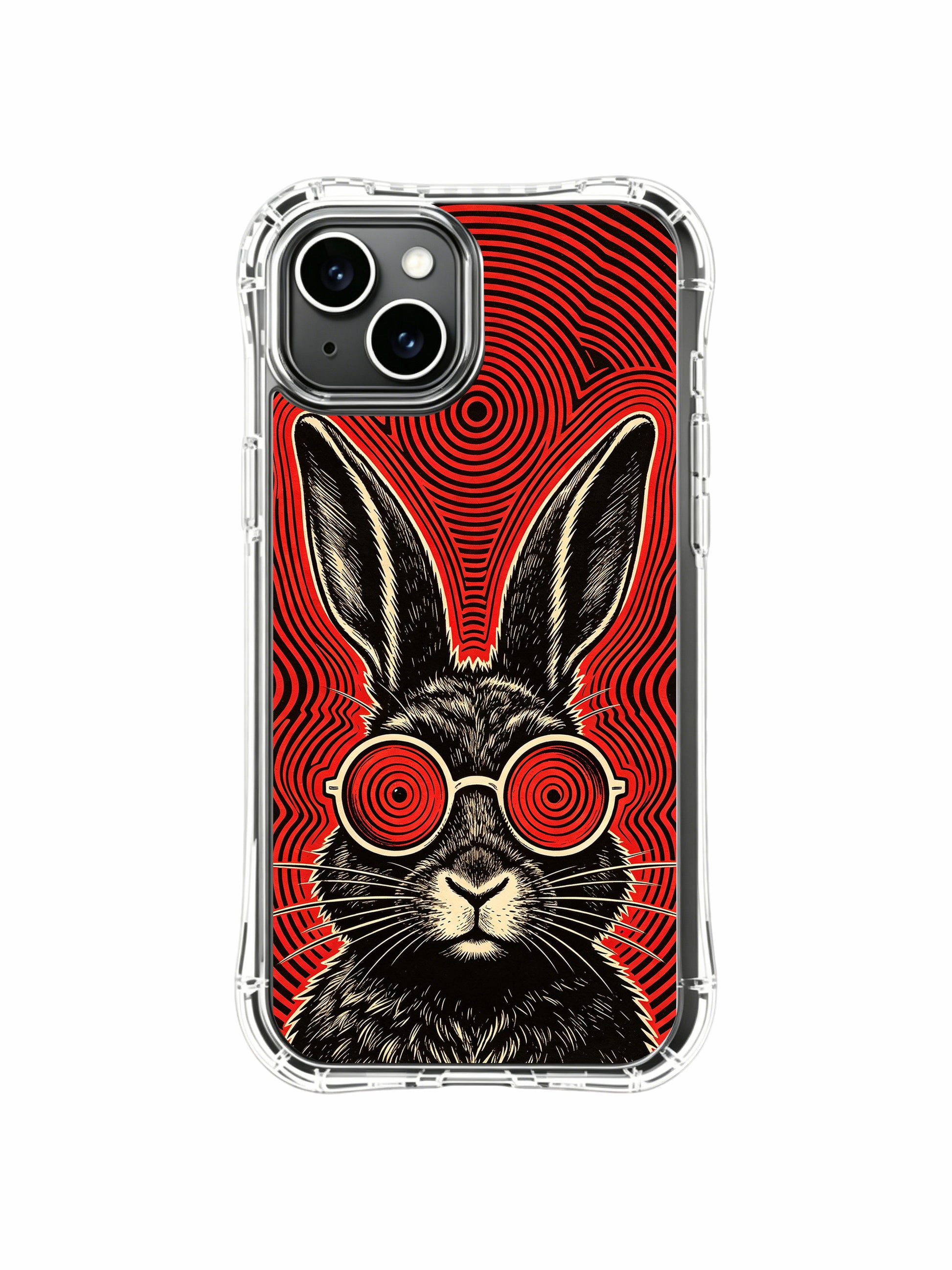 Museum-quality wearable gallery art of hypnotic red lens antenna black rabbit on PhoneCasing iPhone 13 Case, exclusive designer accessory to upgrade women’s luxury phone collection.