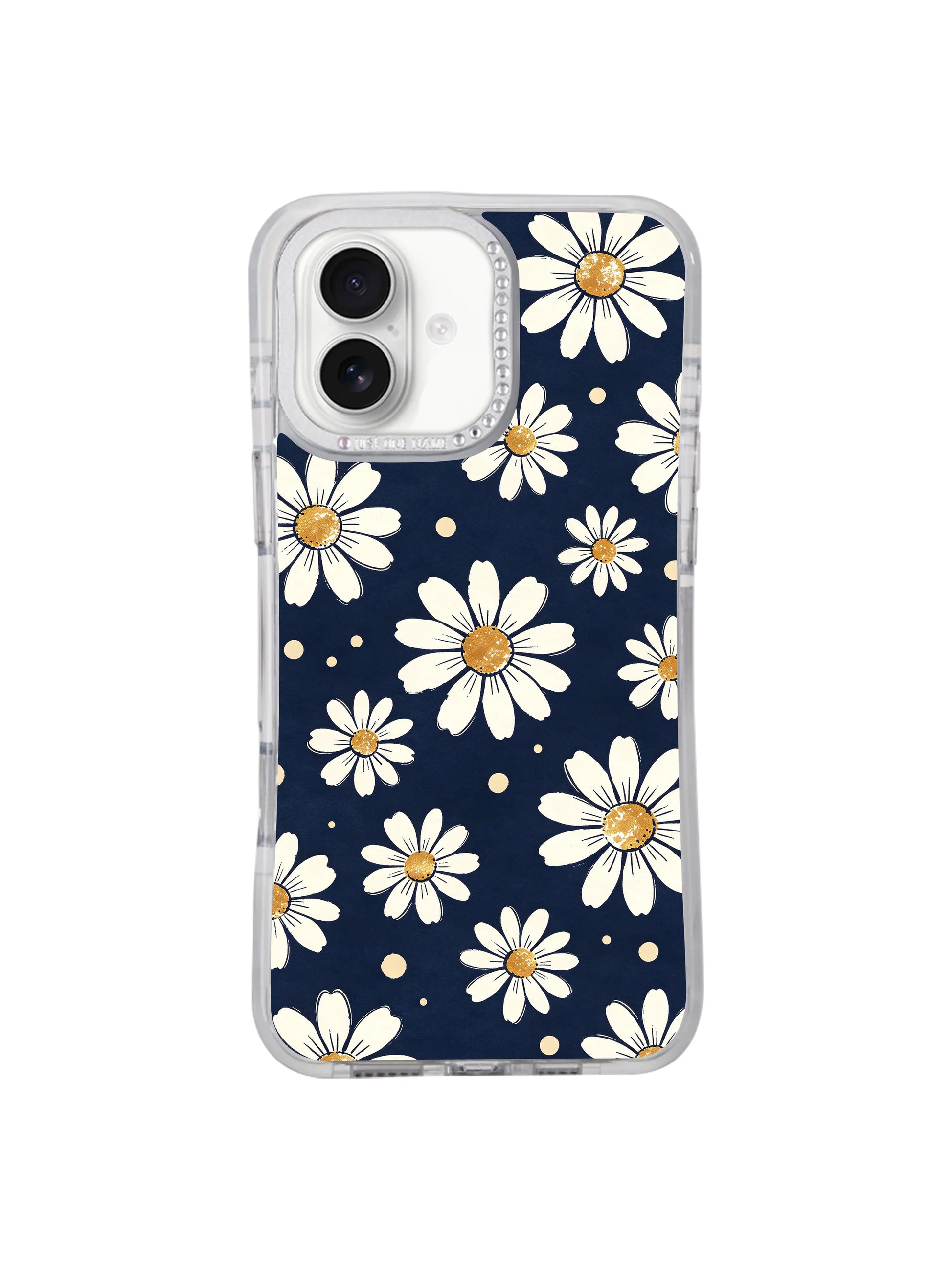 PhoneCasing collectible miniature fine art iPhone 17 Pro casing Midnight Daisy Drift, exclusive drifting daisy illustration by Solea Meadow, printed to gallery standards inside our California print facility.