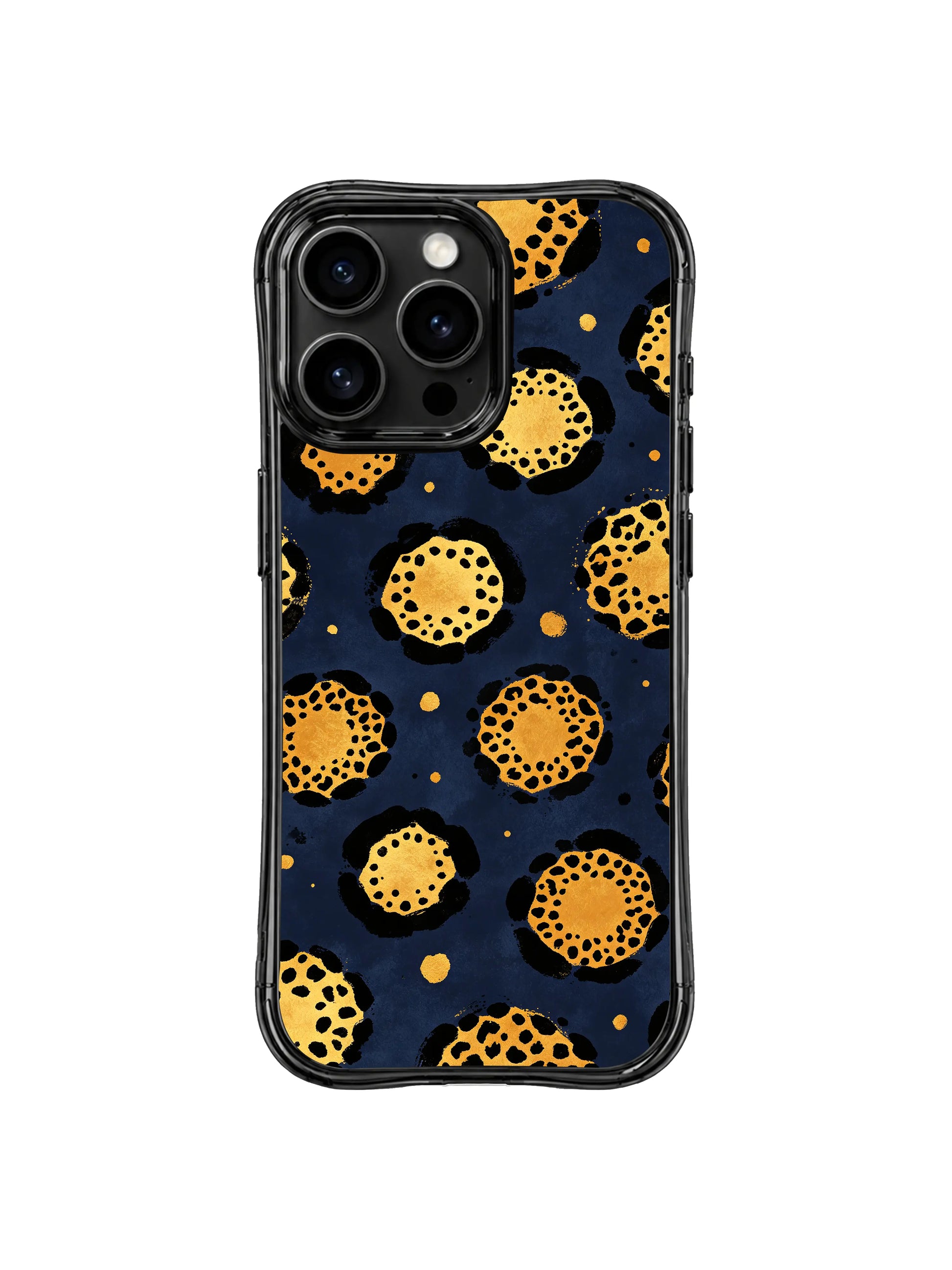 Wearable calm powerful minimalist wild watercolor art iPhone 14 Pro Case from PhoneCasing Roxy Wildhart Wild Heart Safari line, deep midnight navy background harmonizes subtle shimmer gold leopard spot print