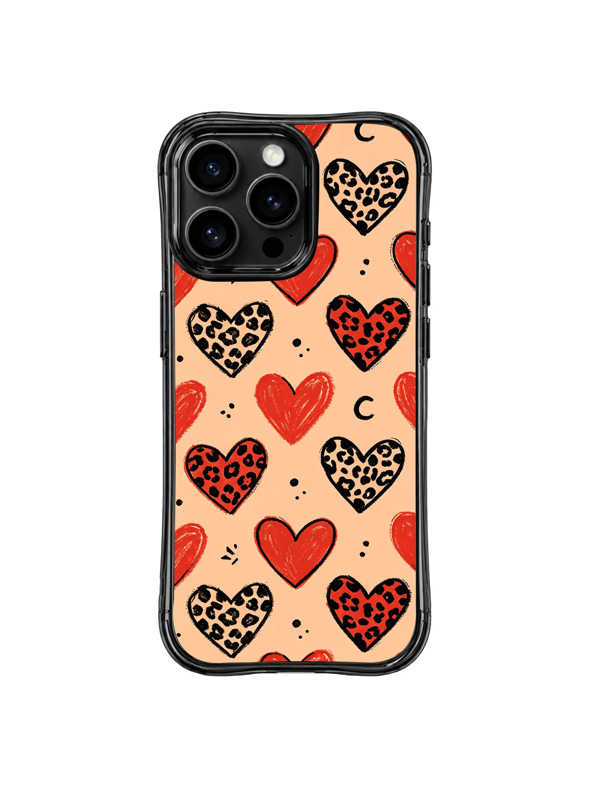 Wearable romantic wild art iPhone 14 Pro Case from PhoneCasing, Roxy Wildhart Peach Heart Wasteland series blending tender love symbols and untamed leopard print