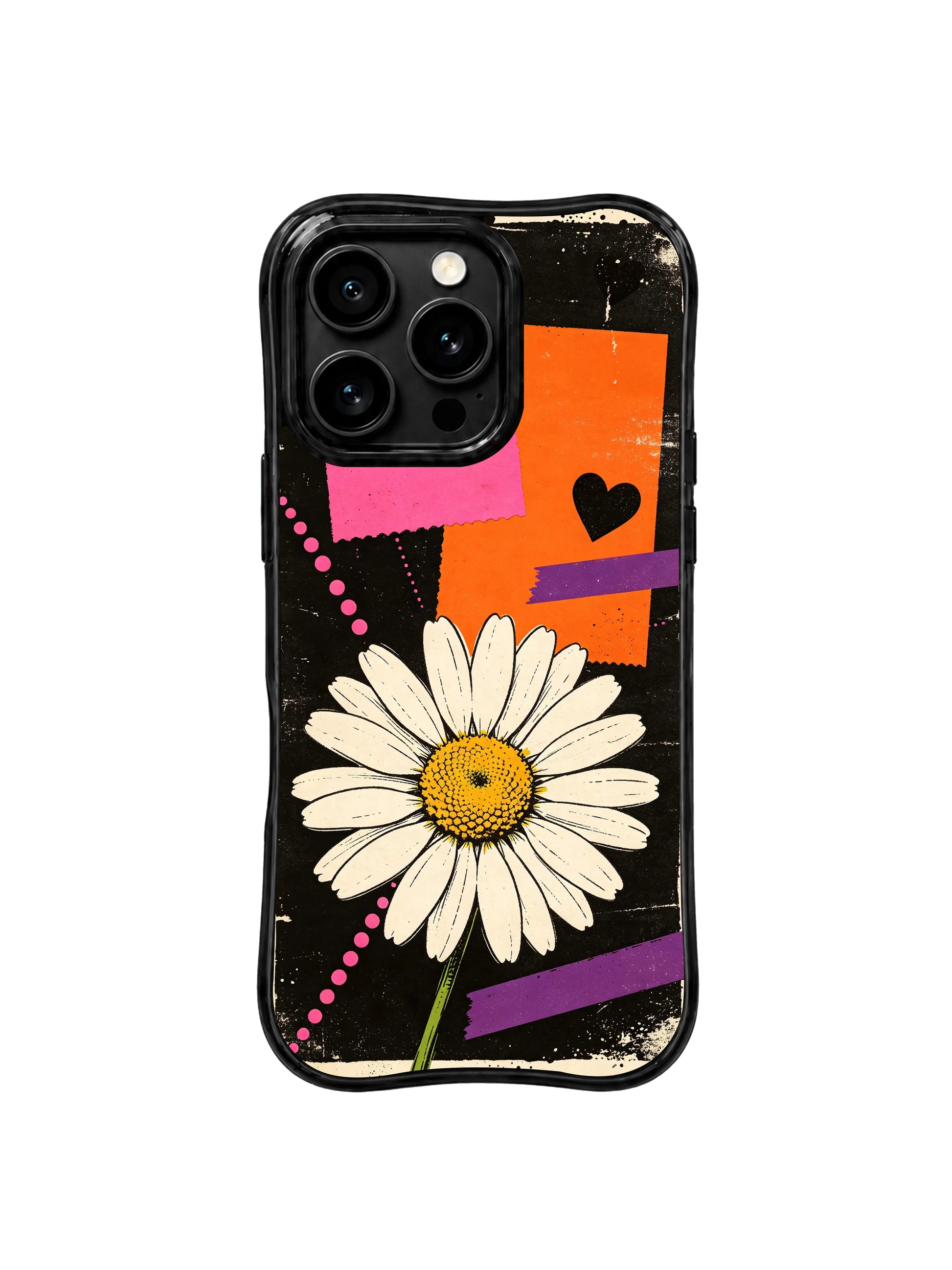 PhoneCasing iPhone 16 pro Case with full-bleed heavily scratched grain black backdrop hero oversized cream daisy torn pink-orange block purple tape black heart dotted curve layout full of confident free-spirited nostalgic street charm, Ruby Daze signature collection, MagSafe compatible wavy black protective art casing.