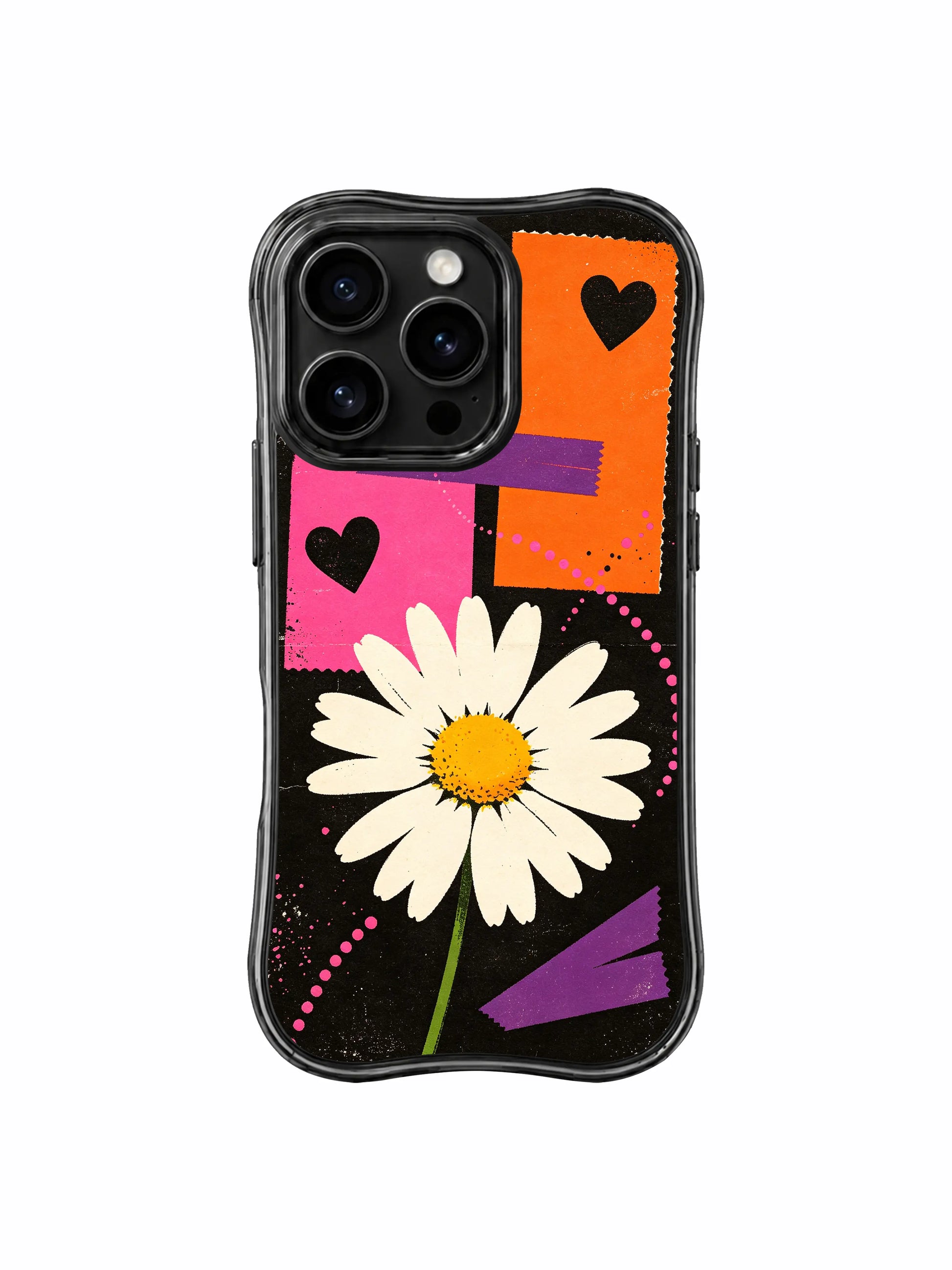 PhoneCasing iPhone 16 pro Case with full-bleed heavily scratched grain black backdrop hero oversized cream daisy torn pink-orange block purple tape black heart dotted curve layout full of confident free-spirited nostalgic street charm, Ruby Daze signature collection, MagSafe compatible wavy black protective art casing.