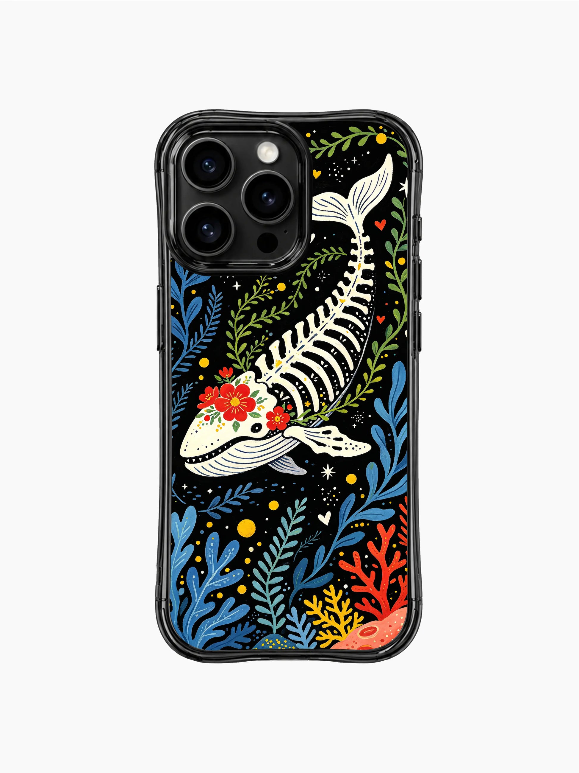 PhoneCasing iPhone 16 pro max case with a whale ocean kingdom motif. Gothic folk art style with skeleton and flower details.