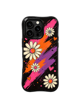 PhoneCasing iPhone 16 pro Case with moody dark black base and soft floating ribbon swirl daisy heart motifs, Ruby Daze Velvet Wave Blossoms wavy design for daily surreal vintage wear.