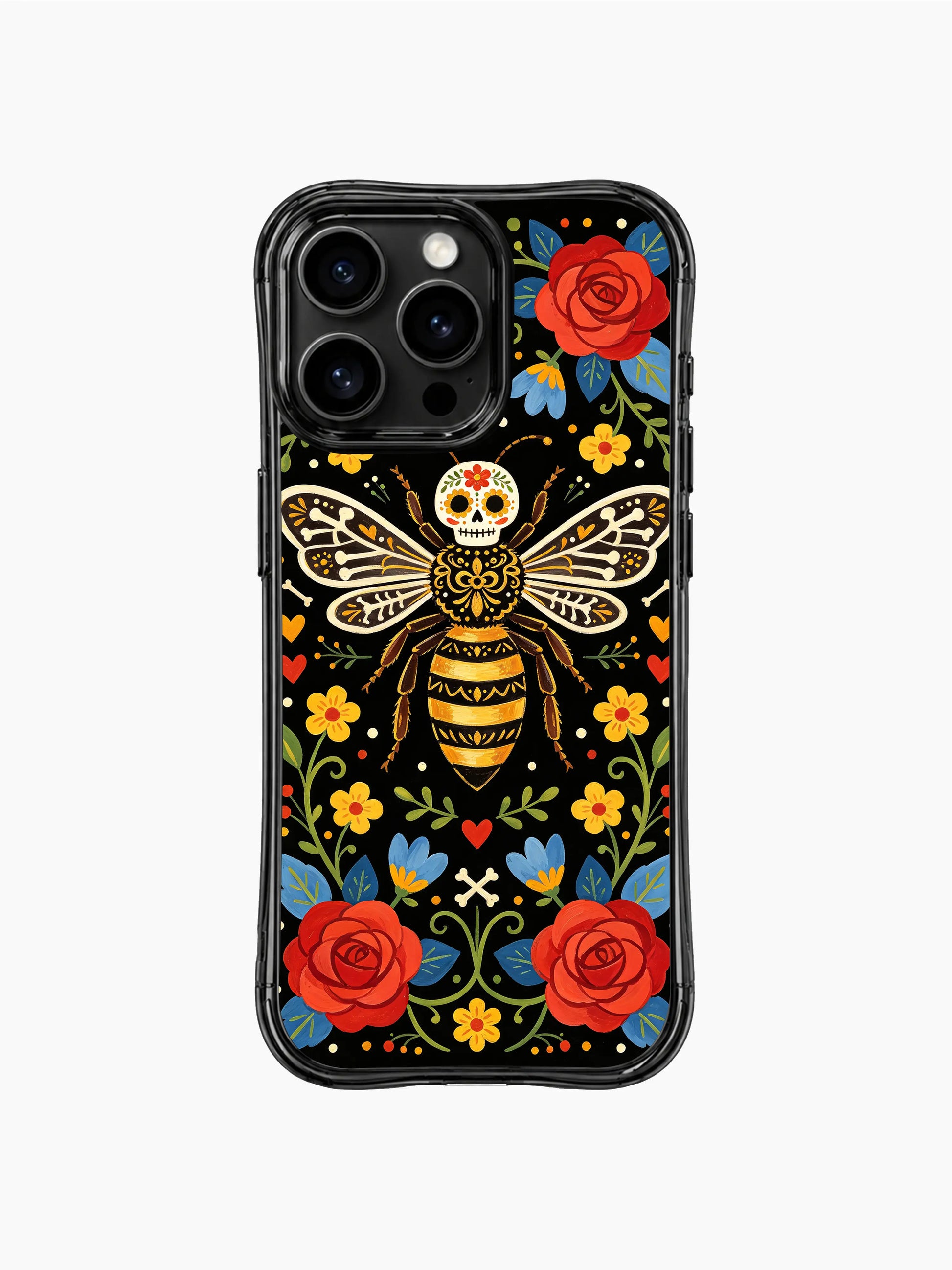 PhoneCasing iPhone 16 pro max protective case featuring a whimsical bee skull artwork. Vibrant floral print with red roses and blue flowers.