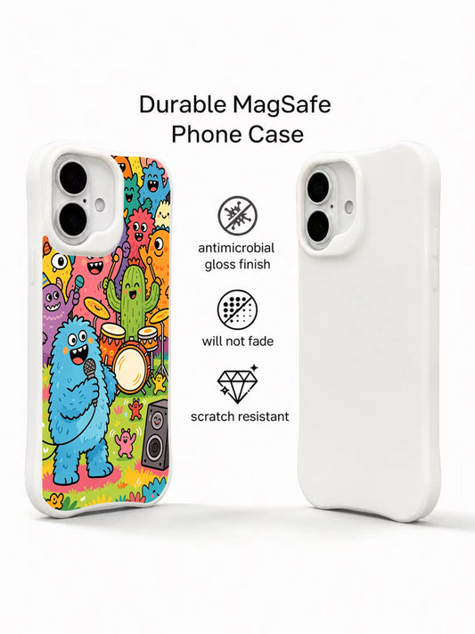 PhoneCasing cute monster concert iPhone 16 Plus Case, full-cover hand-drawn illustration, high quality iphone 16 plus casing made in California.