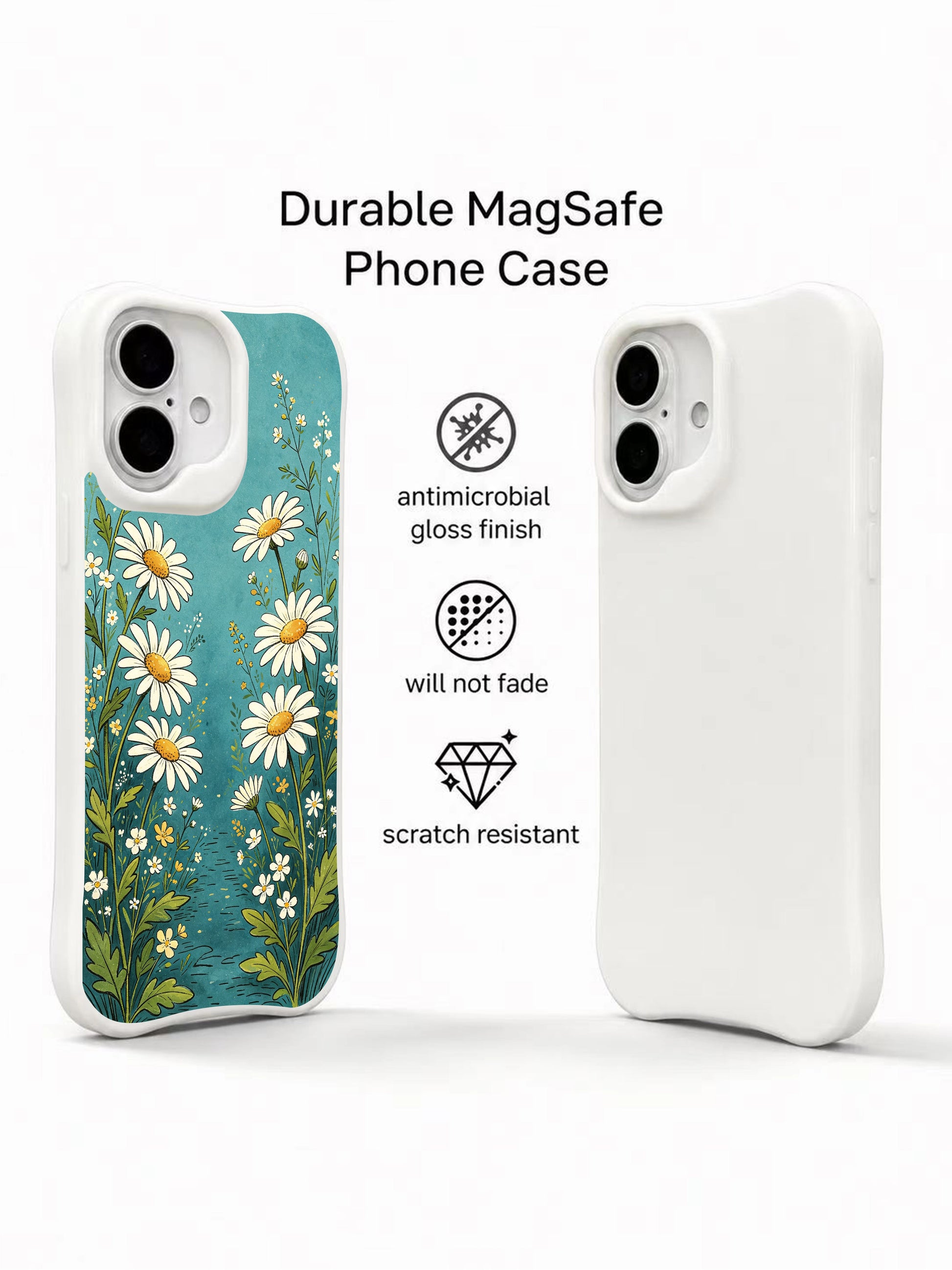 PhoneCasing whimsical daisy path iPhone 16 Plus Case, full-cover hand-drawn illustration, high quality iphone 16 plus casing made in California.