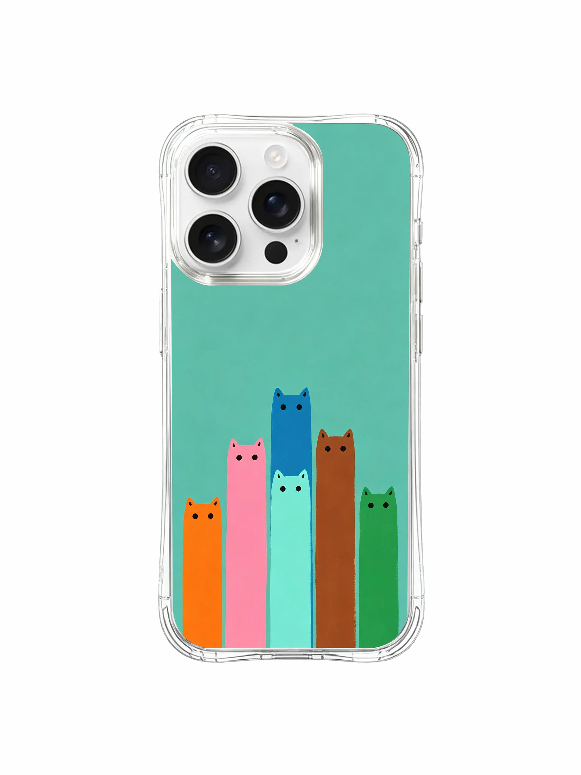 PhoneCasing iPhone 16 Pro Max with Whimsical Elevator Cats print, Mimi Colorfield’s design of colorful cats with a quiet, playful sense of humor.