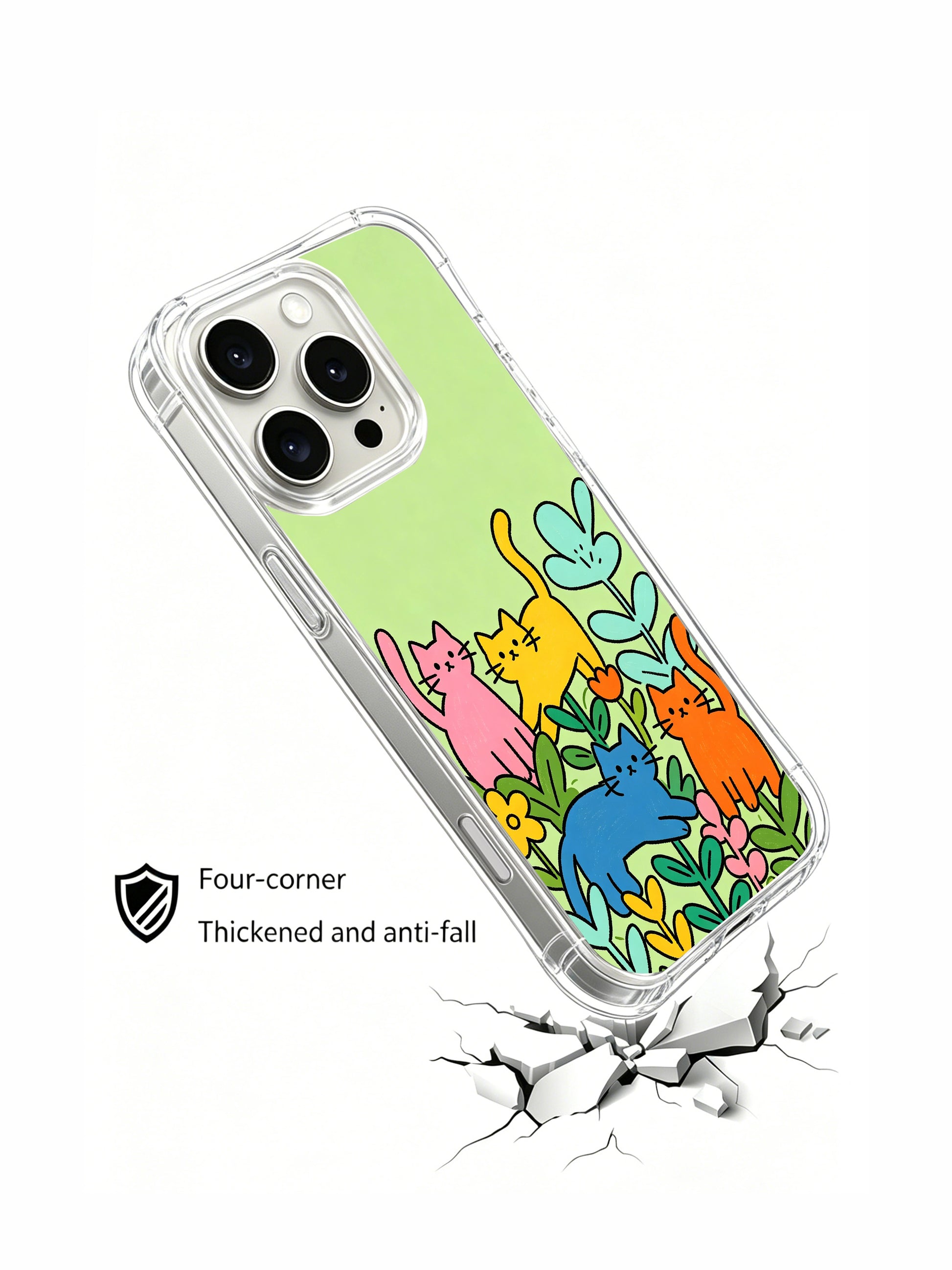 PhoneCasing iPhone 16 pro max anti-yellowing case with original art by Mimi Colorfield, cats growing like plants on a green background.