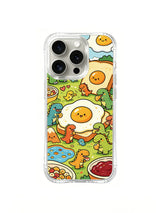 Whimsical food and dinosaur artwork on an iPhone 16 Pro case
