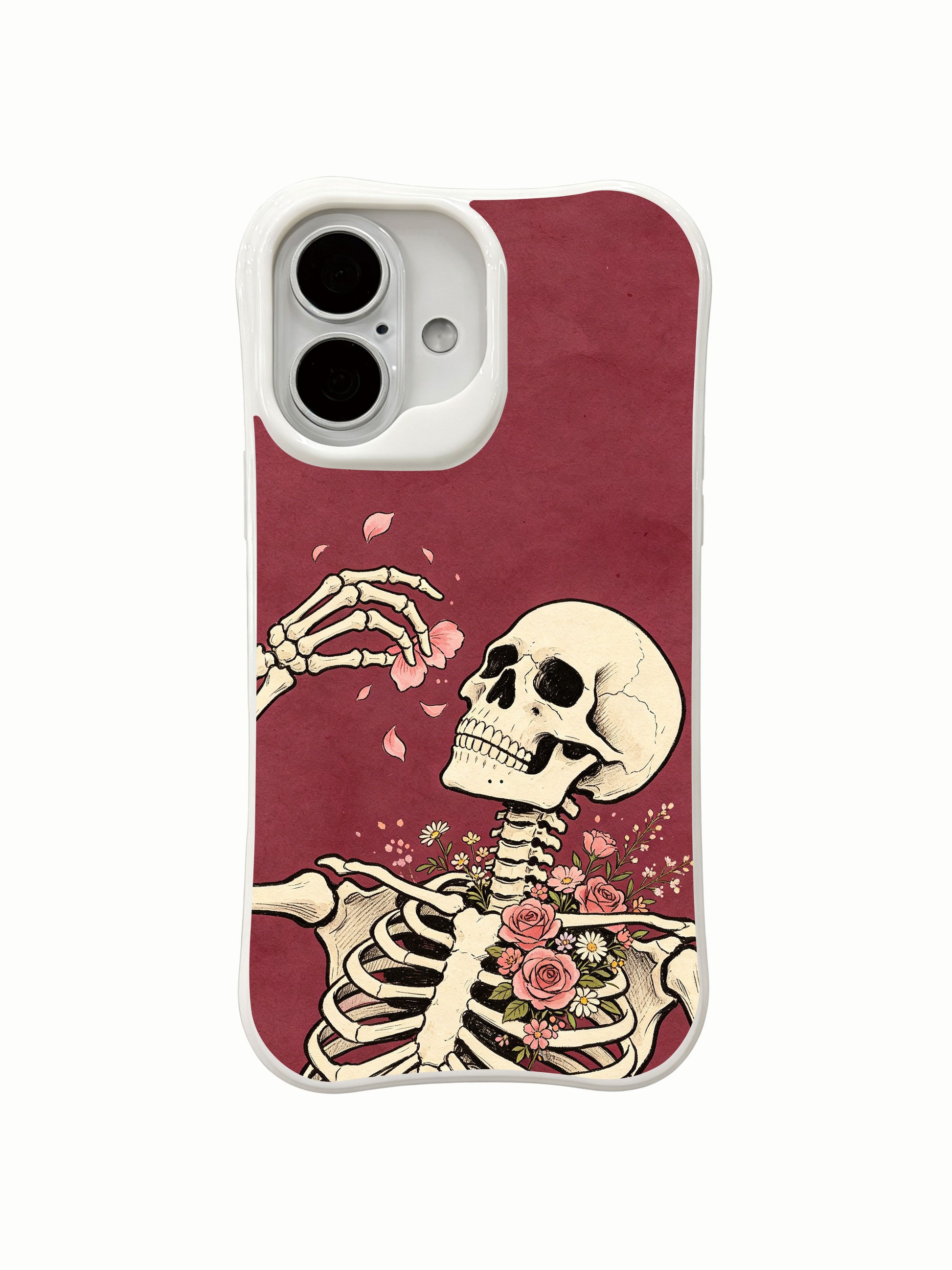 PhoneCasing whimsical goth Petal Letter burgundy skeleton iPhone 16 Case, hand-inked vintage bone with wind-flying pink rose petals, antimicrobial oil-proof daily iPhone 16 cover