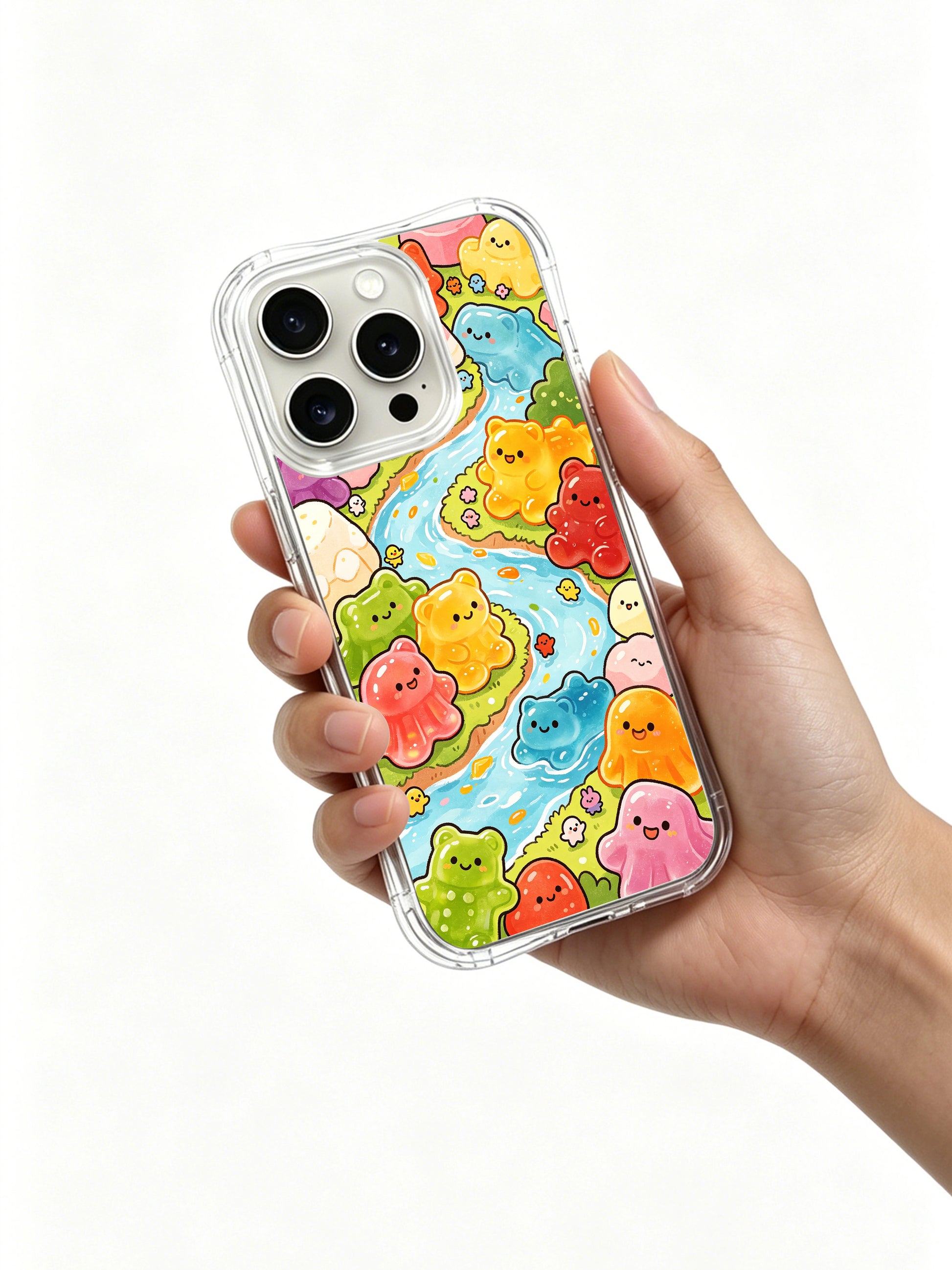 PhoneCasing iPhone 16 Pro Case with whimsical gummy zoo art from Milo Yun, artist-collaborated premium case for modern women.
