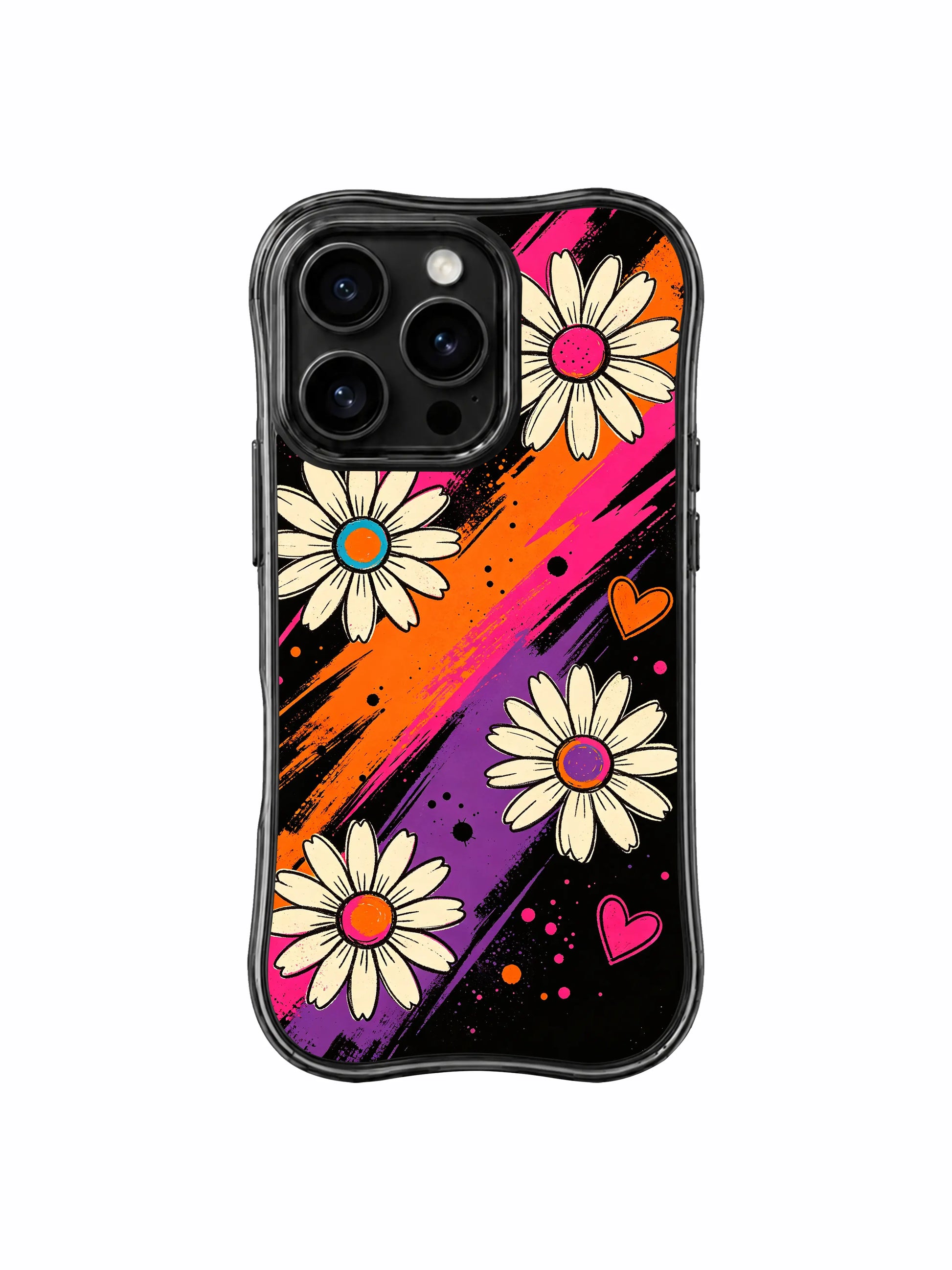 PhoneCasing iPhone 16 pro Case with moody dark black base and soft floating ribbon swirl daisy heart motifs, Ruby Daze Velvet Wave Blossoms wavy design for daily surreal vintage wear.