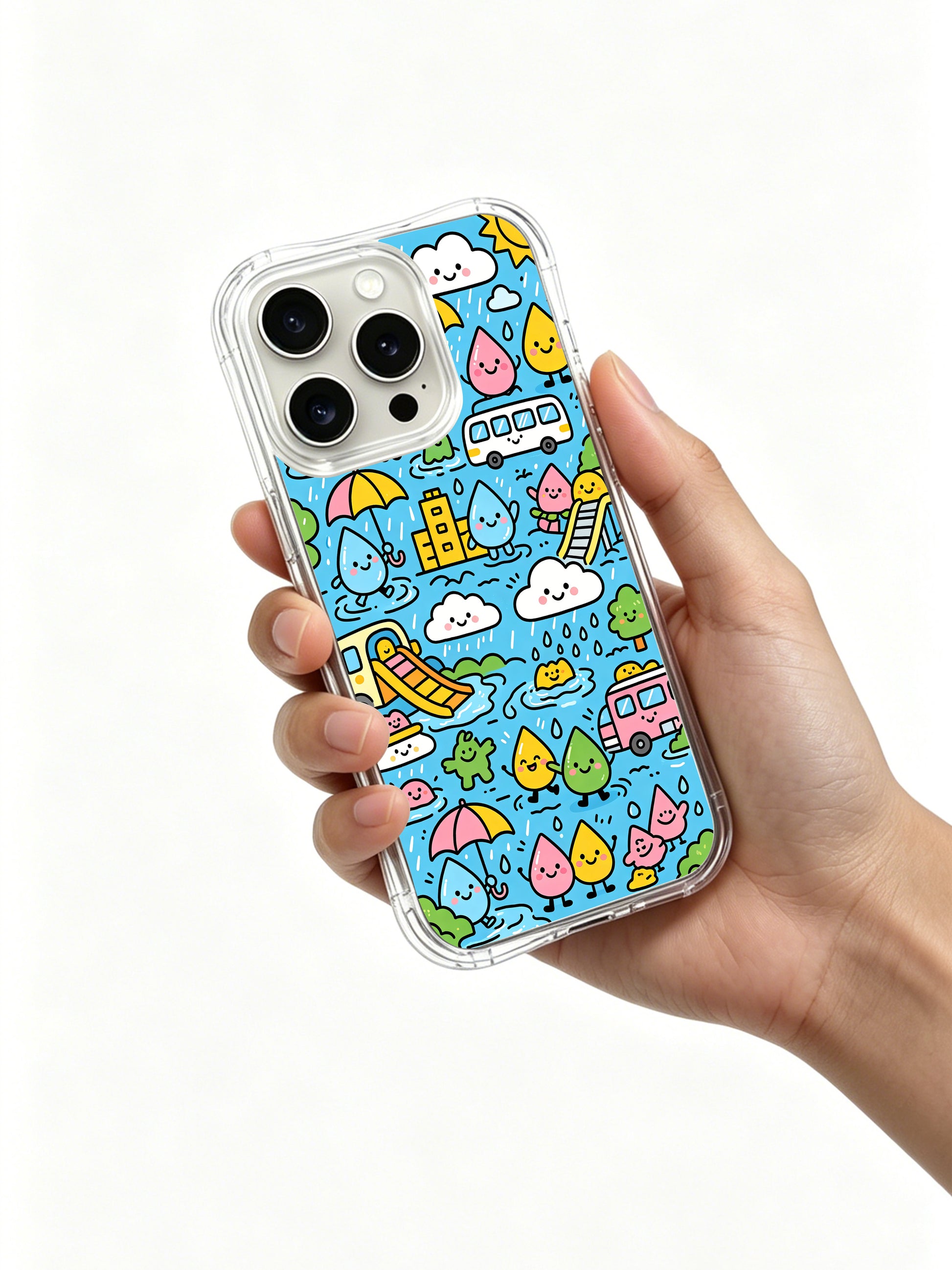 PhoneCasing iPhone 16 Pro Case with whimsical raindrop art from Milo Yun, artist-collaborated premium case for modern women.