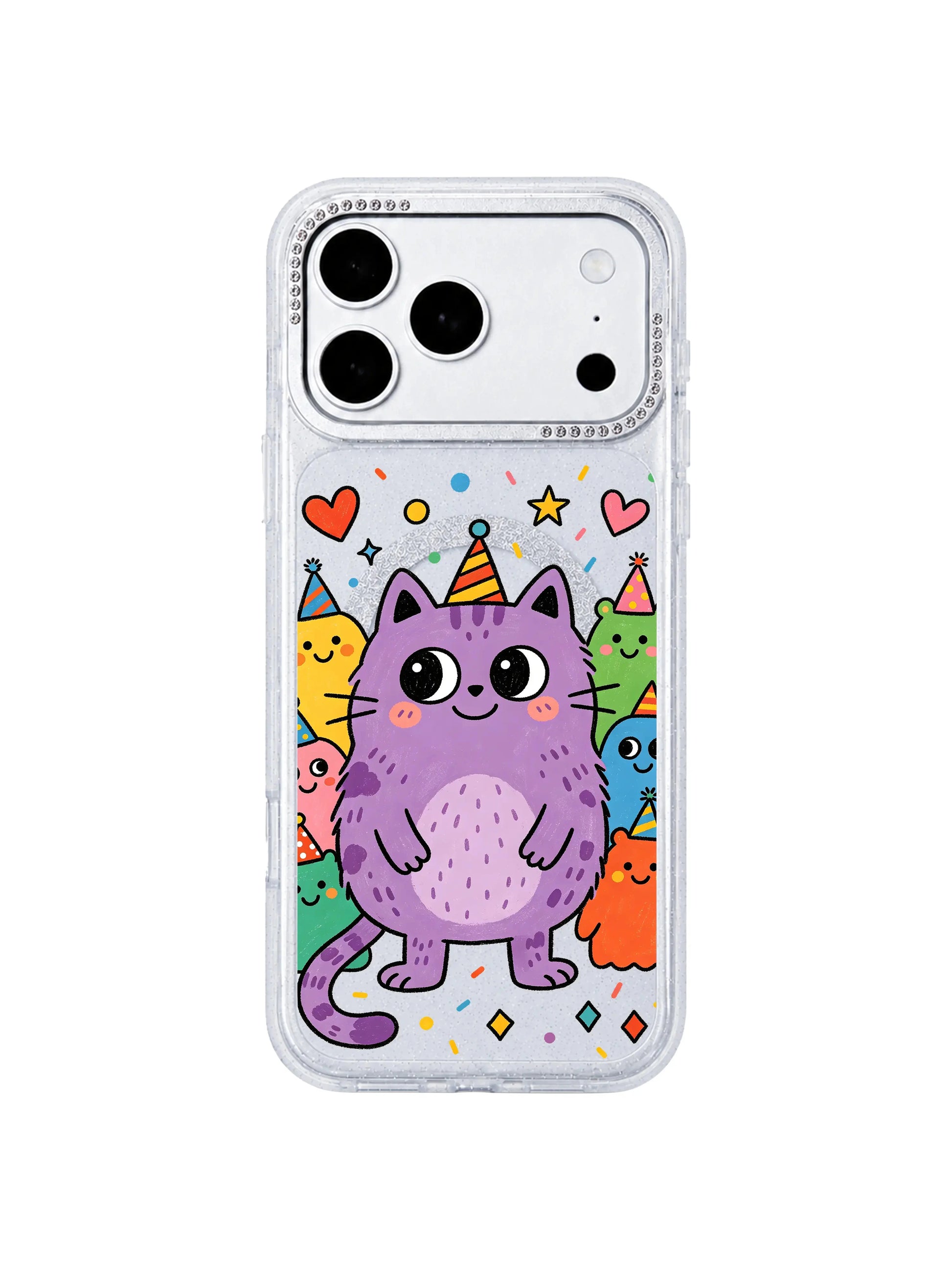 PhoneCasing neutral linen gift flat lay of Whimsical Self-Love Cat iPhone 17 Pro Max case, soft heartfelt character design ideal for birthday & holiday gift searches for iPhone 17 Pro Max casing shoppers