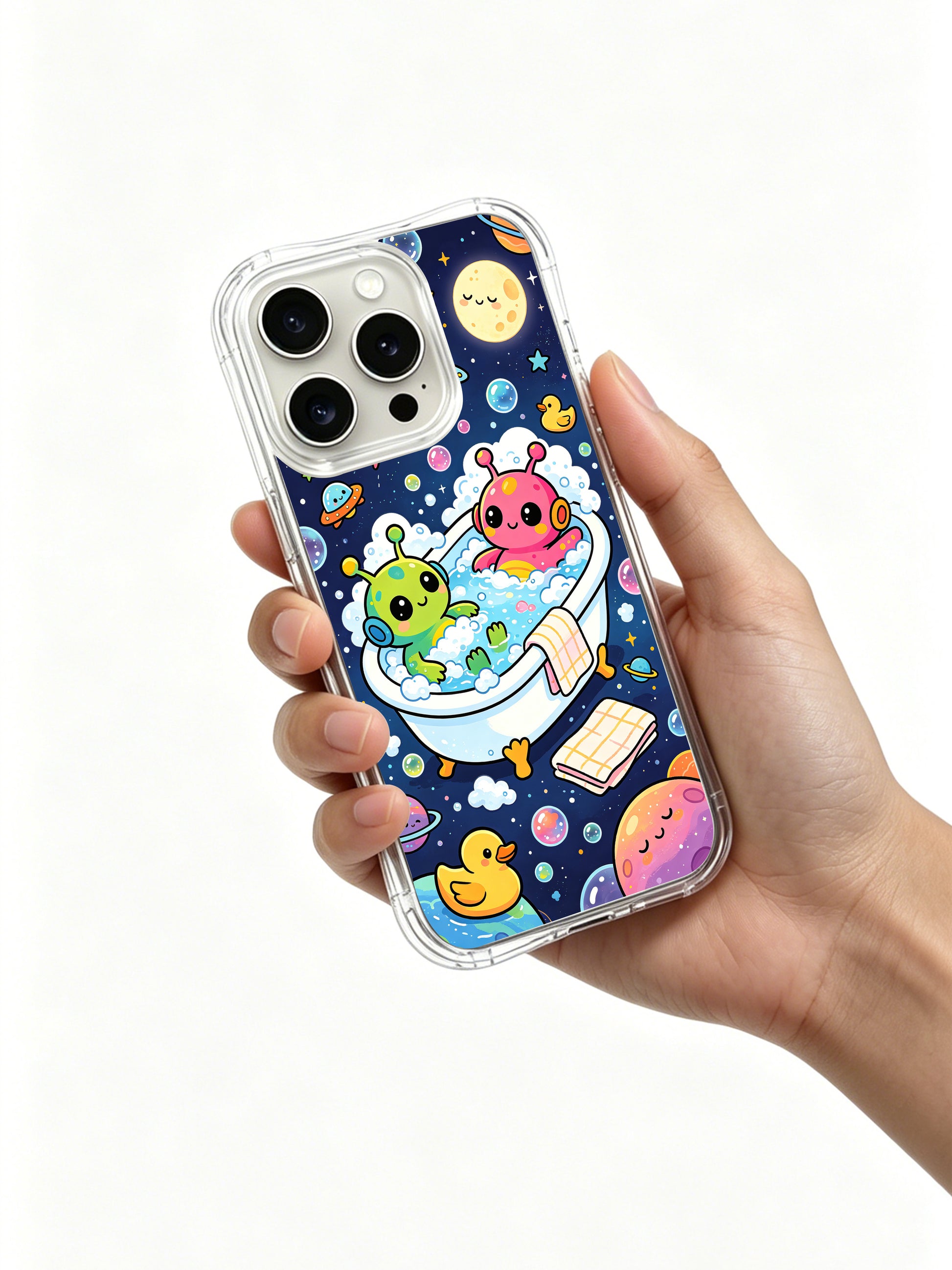 PhoneCasing iPhone 16 Pro Case with whimsical space bubble art from Milo Yun, artist-collaborated premium case for modern women.