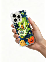 Whimsical vegetable galaxy artwork on an iPhone 16 Pro case