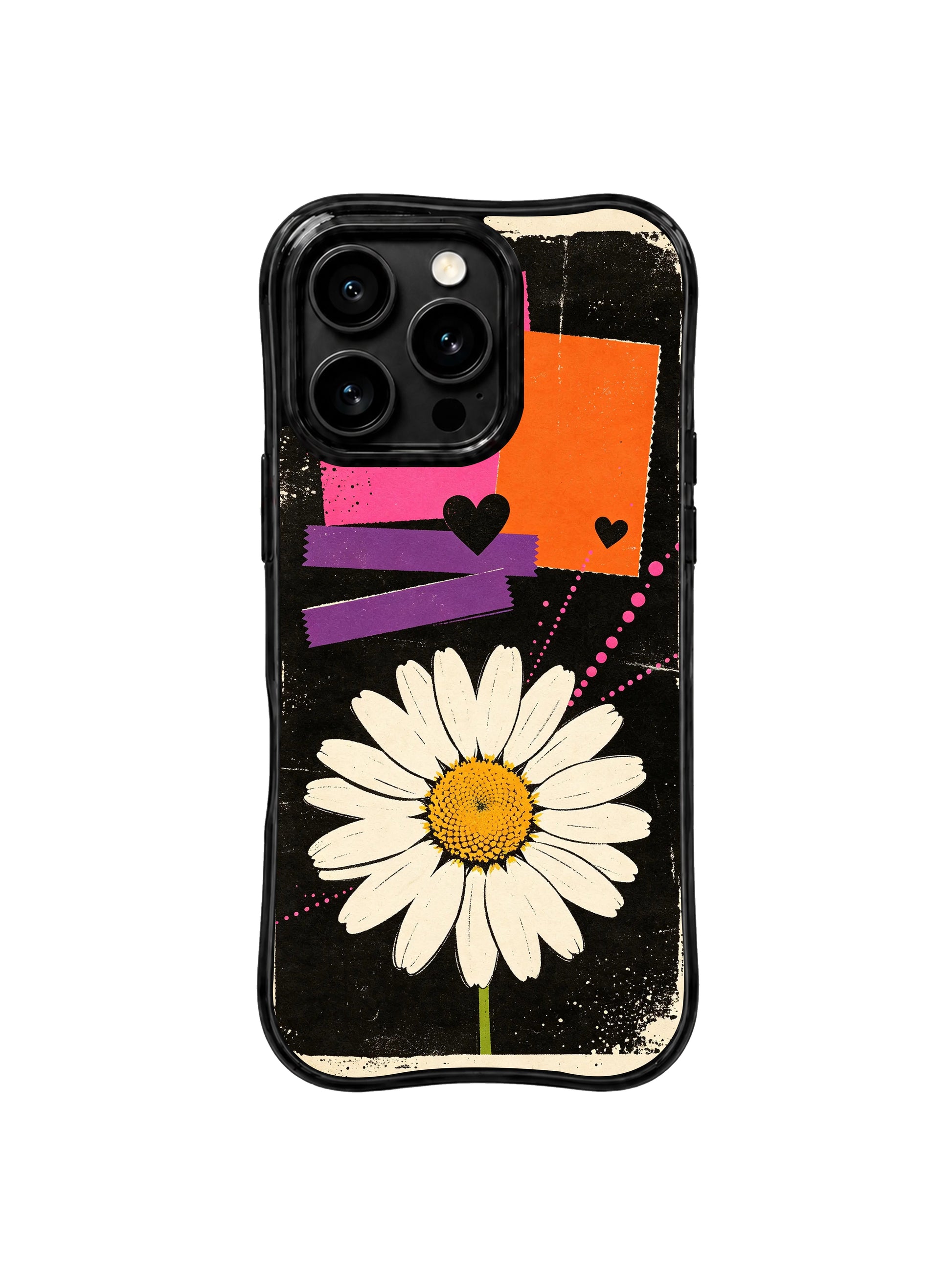 PhoneCasing iPhone 16 pro Case with full-coverage balanced heavily scratched grain black layout hero oversized cream daisy rough torn pink-orange block cross purple tape solid black heart curved pink dotted trail design delivering unapologetic upbeat street mood without oversimplified childish cuteness, Ruby Daze free-spirited confident design, slim lightweight wavy premium case.