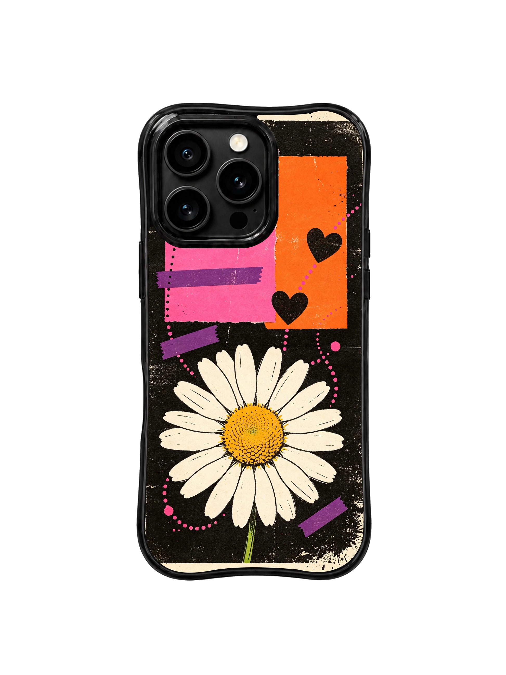 PhoneCasing iPhone 16 pro Case with scattered compact solid black heart cutouts nestled between crisscross thick purple painter tape, rough torn pink-orange paper blocks and the central giant cream daisy bloom on scratched grunge black backdrop, playful confident Ruby Daze White Daisy Street Poster urban floral design, stylish women’s phone casing.