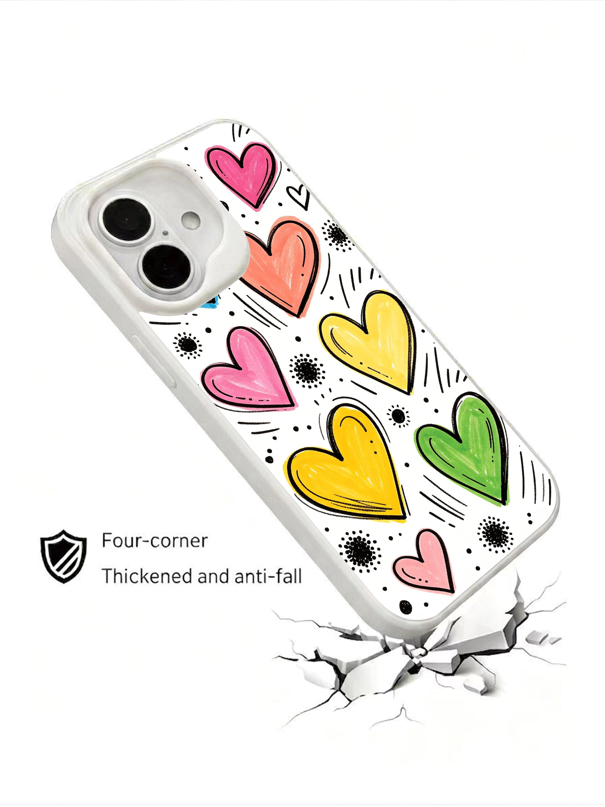 PhoneCasing white base heart drops iPhone 16 plus case, soft colorful heart motifs like gentle rainfall, four-corner reinforced anti-fall structure.