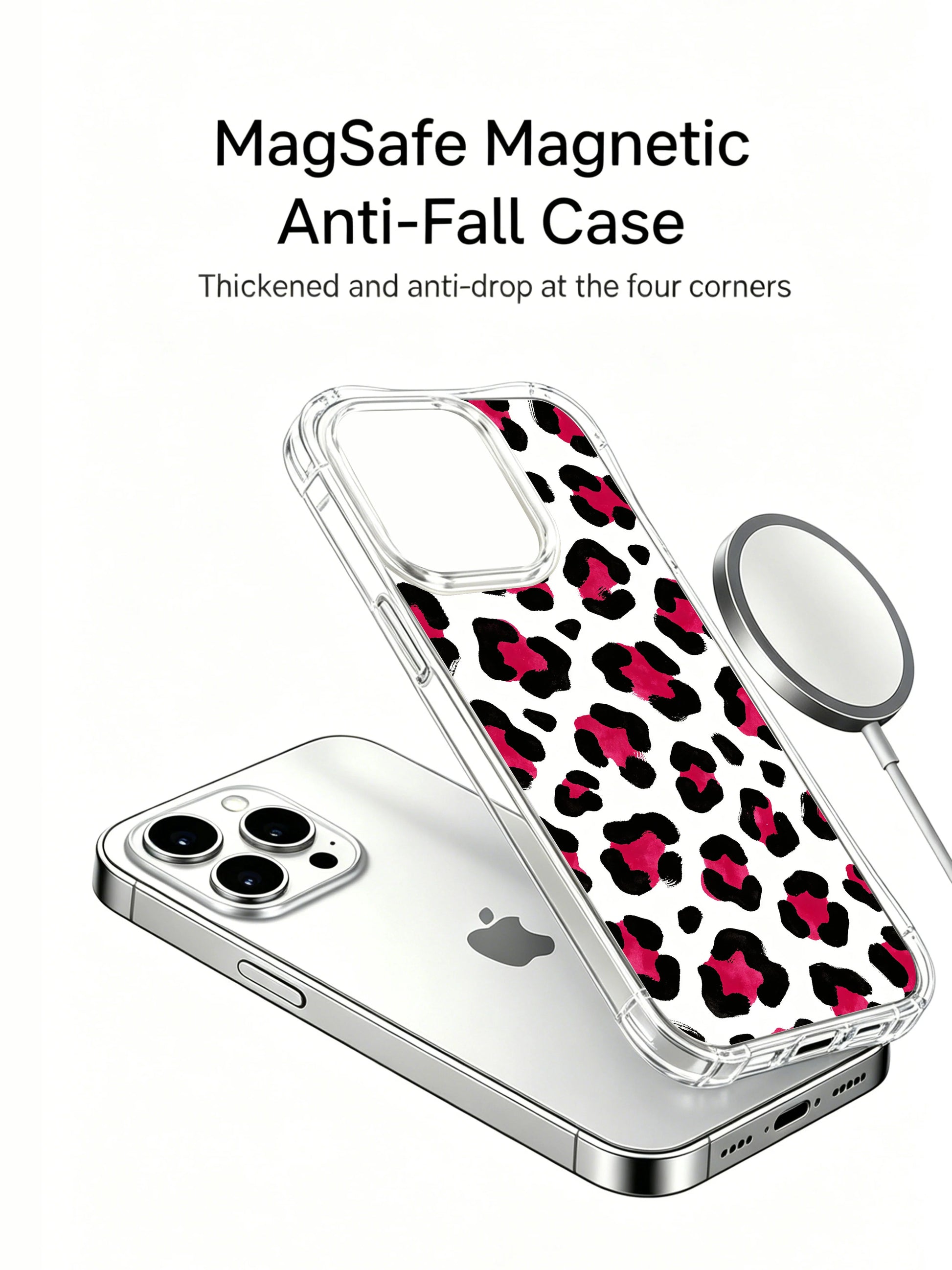 Eye-catching clean white berry wild leopard iPhone 14 Pro Case by PhoneCasing, textured rough ink brush border spots, punchy feminine wild animal print, slim transparent glossy protective iPhone 14 Pro Casing