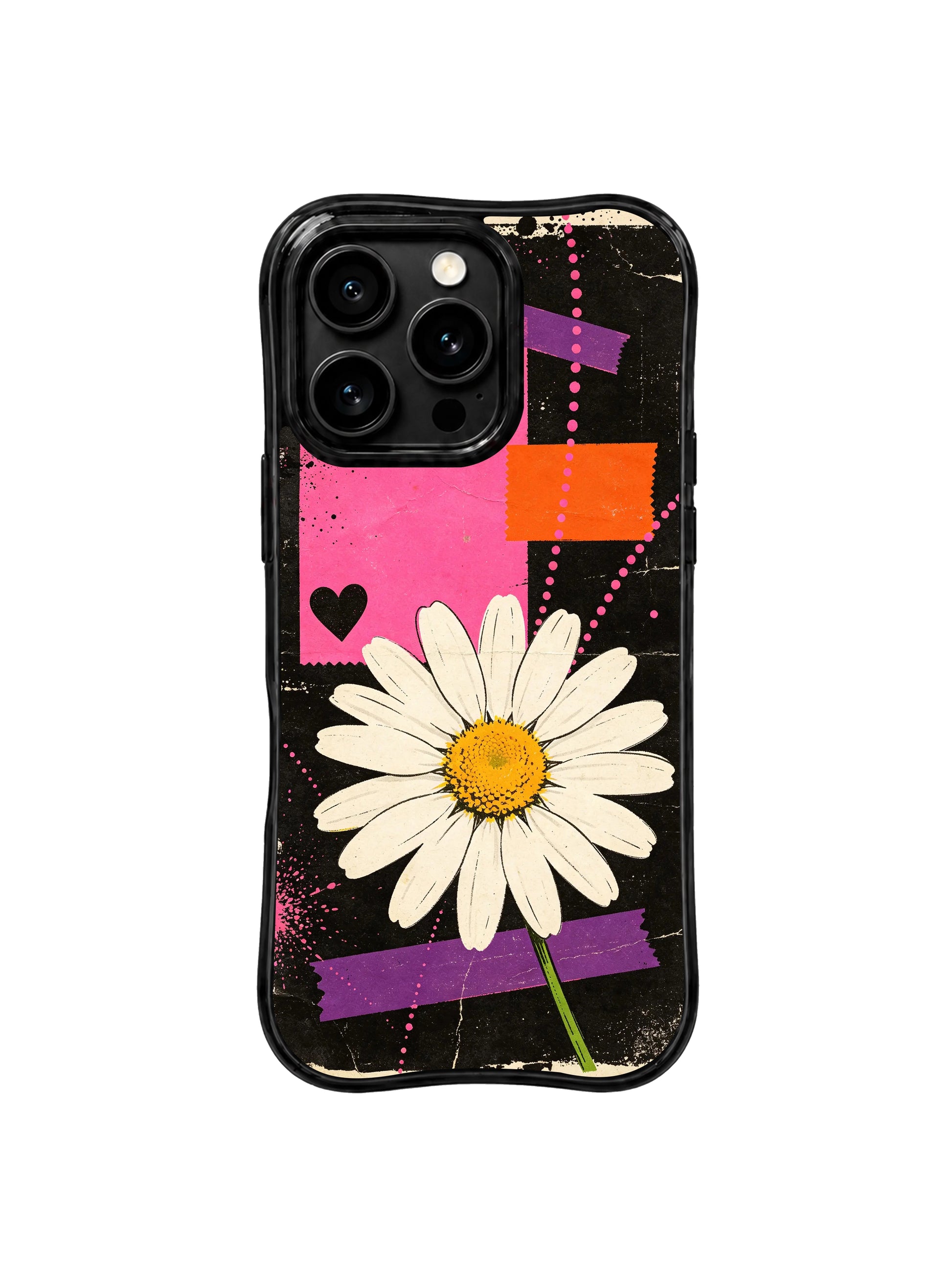 PhoneCasing iPhone 16 pro Case with imperfect organic thick rough block-print outlines for oversized central cream daisy petals adding soft floral counterbalance to gritty worn torn-paper scratch grain street collage texture, Ruby Daze handmade urban pop art, gallery grade wavy print casing.