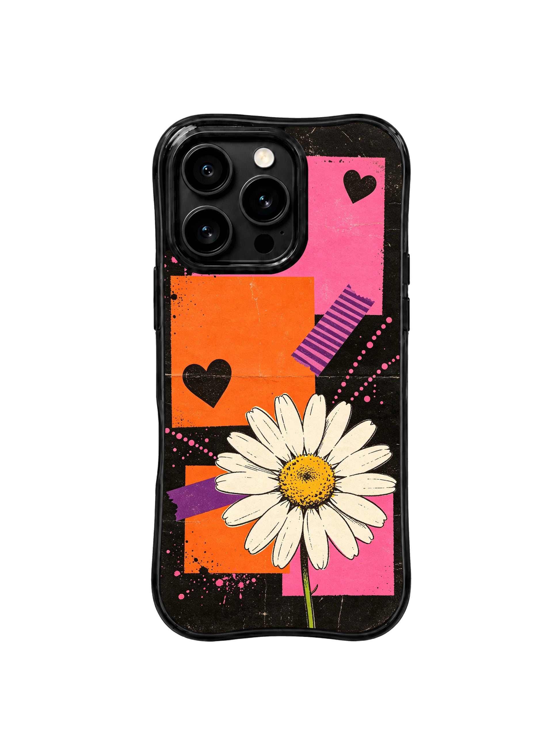 PhoneCasing iPhone 16 pro Case with faint uneven scuff scratch faded vintage street poster grain and worn print abrasion as layered urban mixed media texture details, exclusive Ruby Daze wearable wavy black frame bold floral street sketch art.