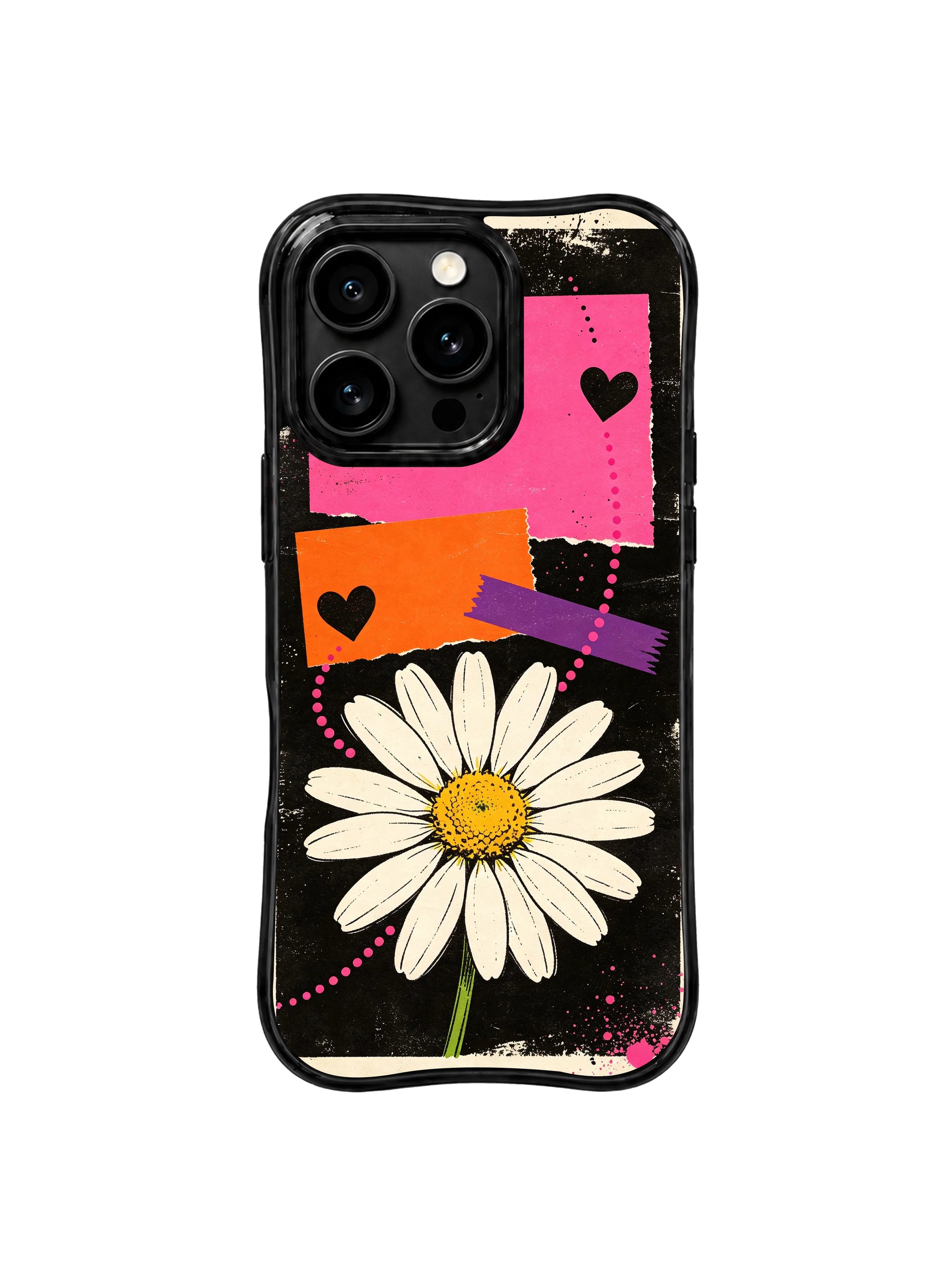 PhoneCasing iPhone 16 pro Case featuring weathered vintage city street poster scratch grain dark grunge backdrop layered giant block-print cream daisy focal bloom, rough frayed torn pink/orange paper rectangles, thick textured purple painter tape and solid black heart pink dotted trails from Ruby Daze White Daisy Street Poster, wavy black frame premium art casing for iPhone 16 pro.