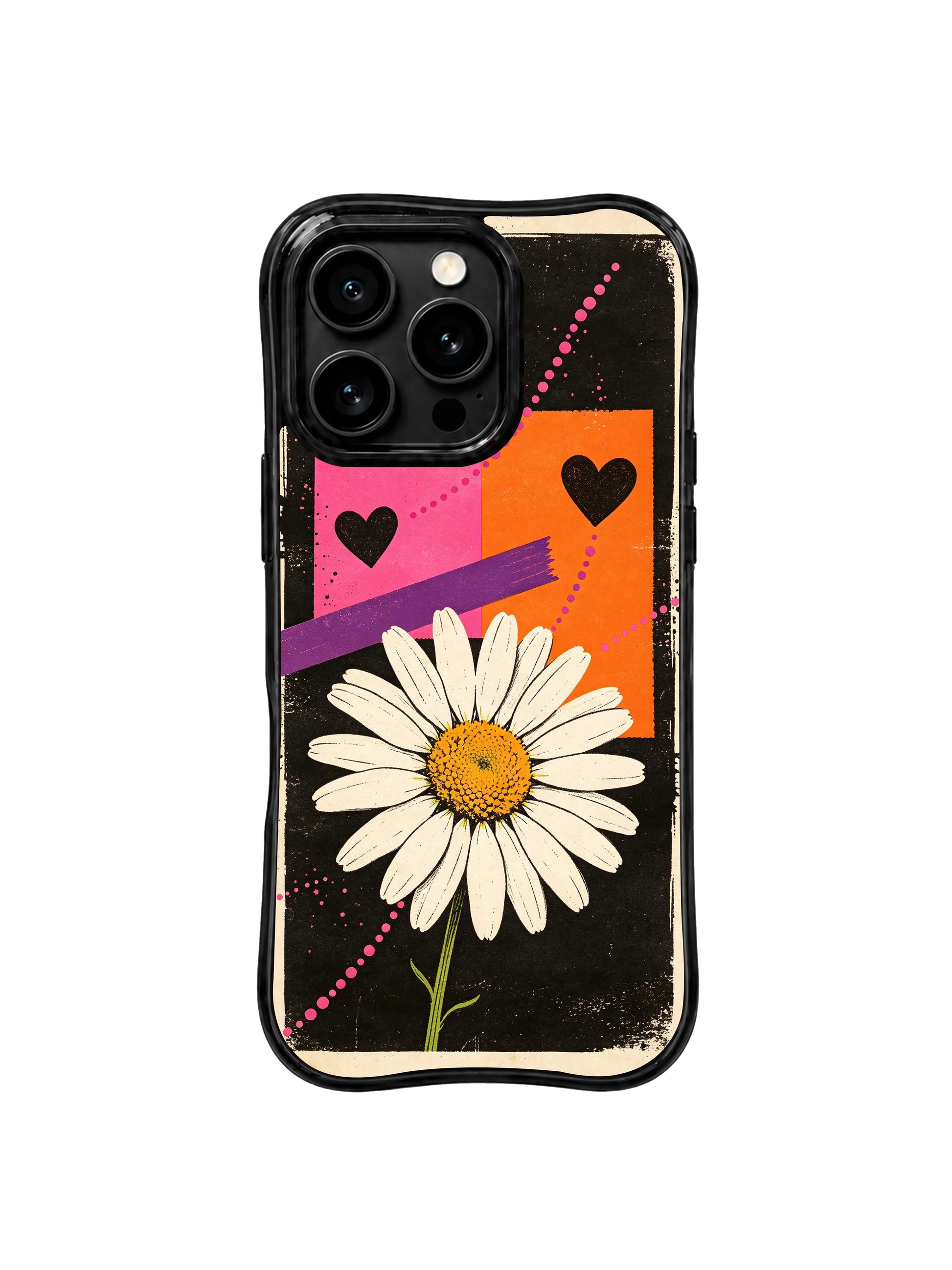 PhoneCasing iPhone 16 pro Case with large bold central block-print off-white daisy bloom and compact solid black heart cutouts plus curved arching pink dotted signal trails adding playful romantic detail to gritty torn-paper street collage black backdrop, Ruby Daze confident bold pop floral art, scratch resistant wavy casing.
